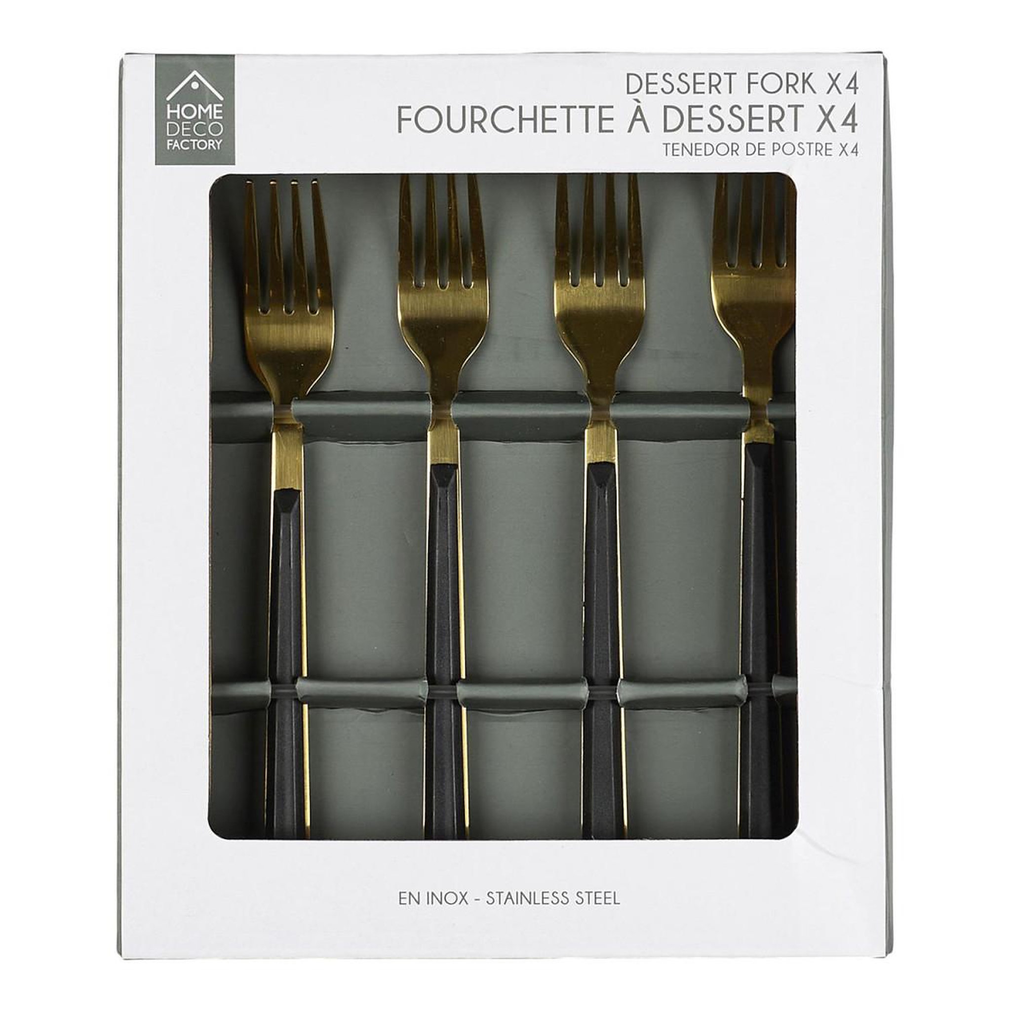 Voir la diapositive 4 : The Home Deco Factory Lot de 4 Fourchettes à Dessert en Inox  Charlotte  15cm Noir & Or