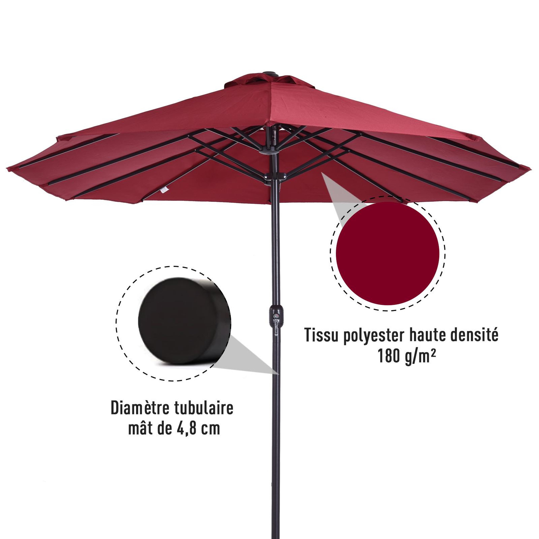 Voir la diapositive 4 : OUTSUNNY Parasol de jardin XXL parasol grande taille 4,6L x 2,7l x 2,4H m ouverture fermeture manivelle acier polyester haute densité bordeaux