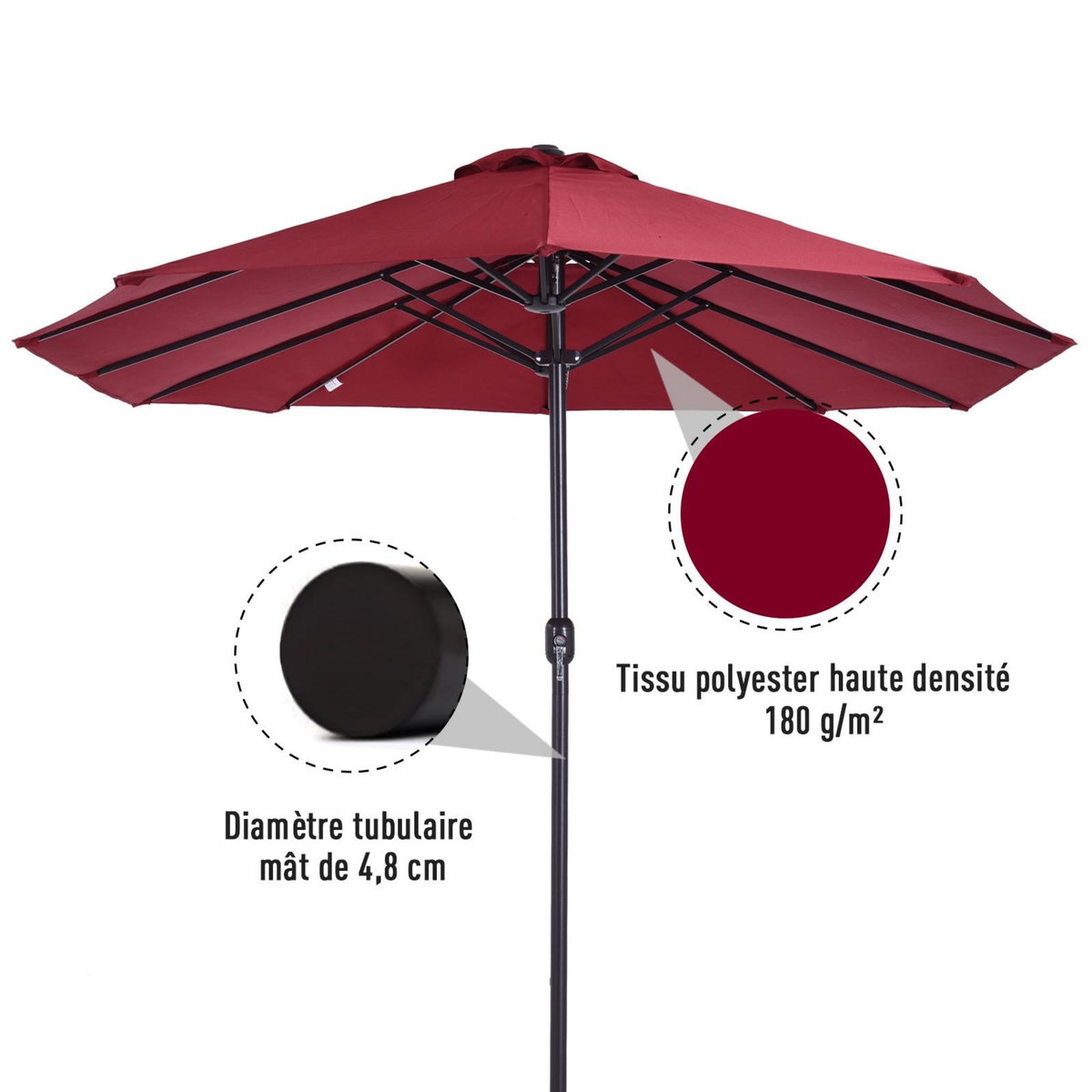OUTSUNNY Parasol de jardin XXL parasol grande taille 4,6L x 2,7l x 2,4H m ouverture fermeture manivelle acier polyester haute densité bordeaux