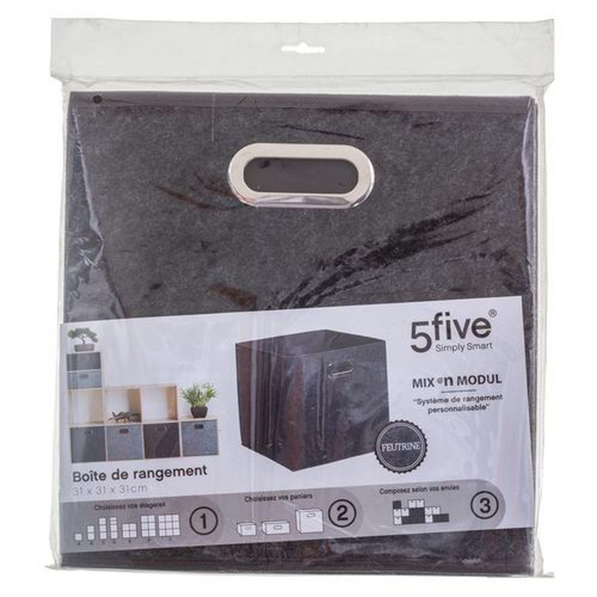 TOILINUX Lot de 2 boites de rangement en feutrine - L. 31 cm x H. 31 cm - Gris foncé chiné