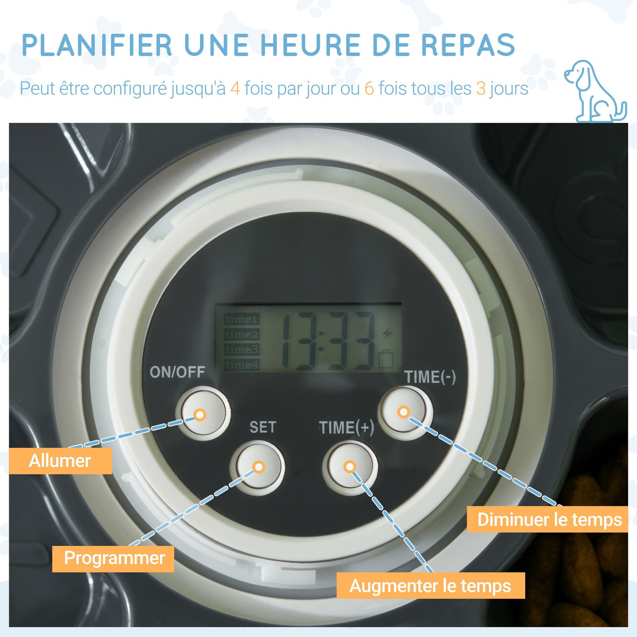 Voir la diapositive 4 : PAWHUT Distributeur de nourriture chat chien - distributeur automatique programmable - 6 compartiments - écran LED - fonction musicale intégrée - ABS gris blanc