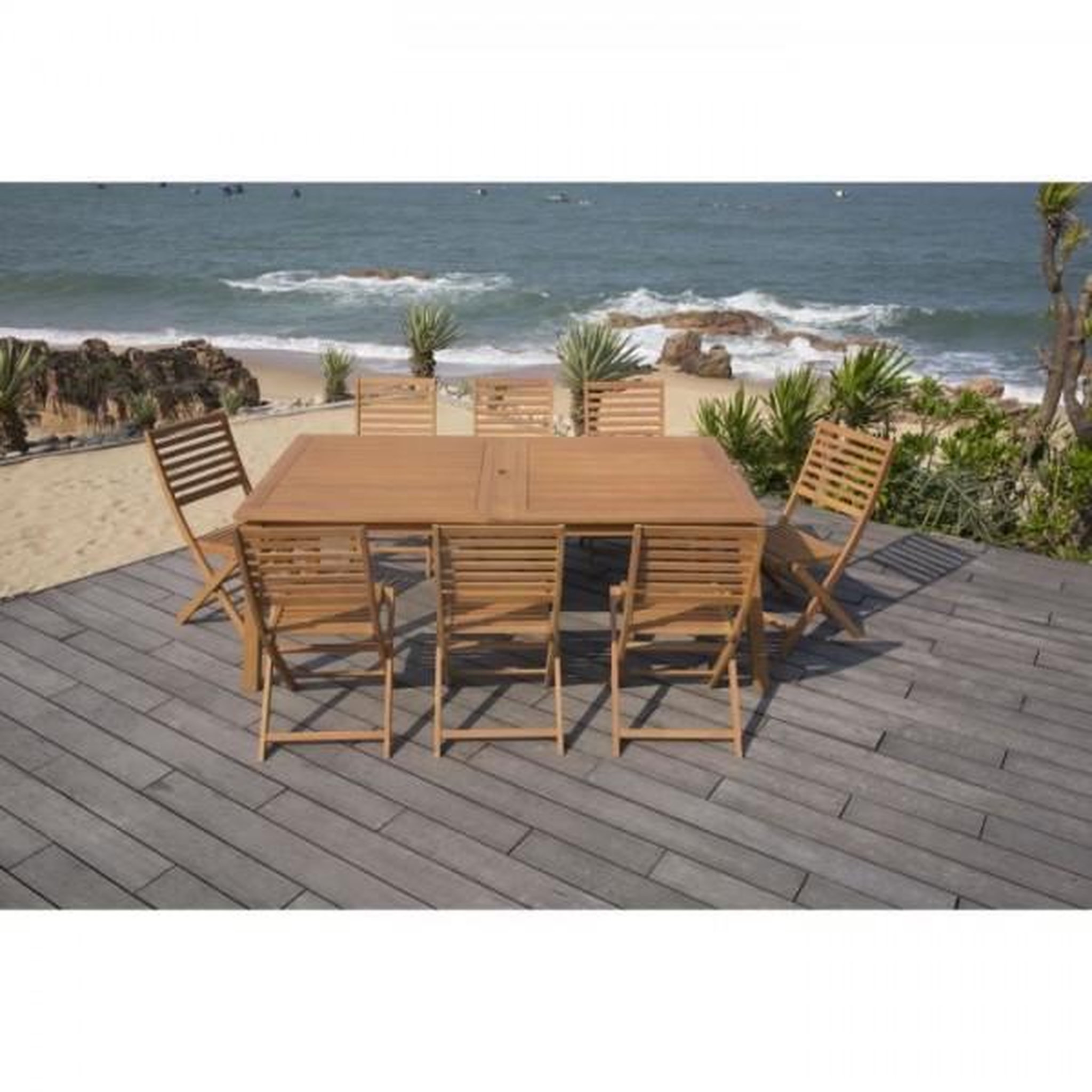 Voir la diapositive 6 : MARKET24 Ensemble repas de jardin 8 a 12 personnes - Table extensible 200/250/300 x 100cm + 8 chaises - Bois Eucalyptus FSC