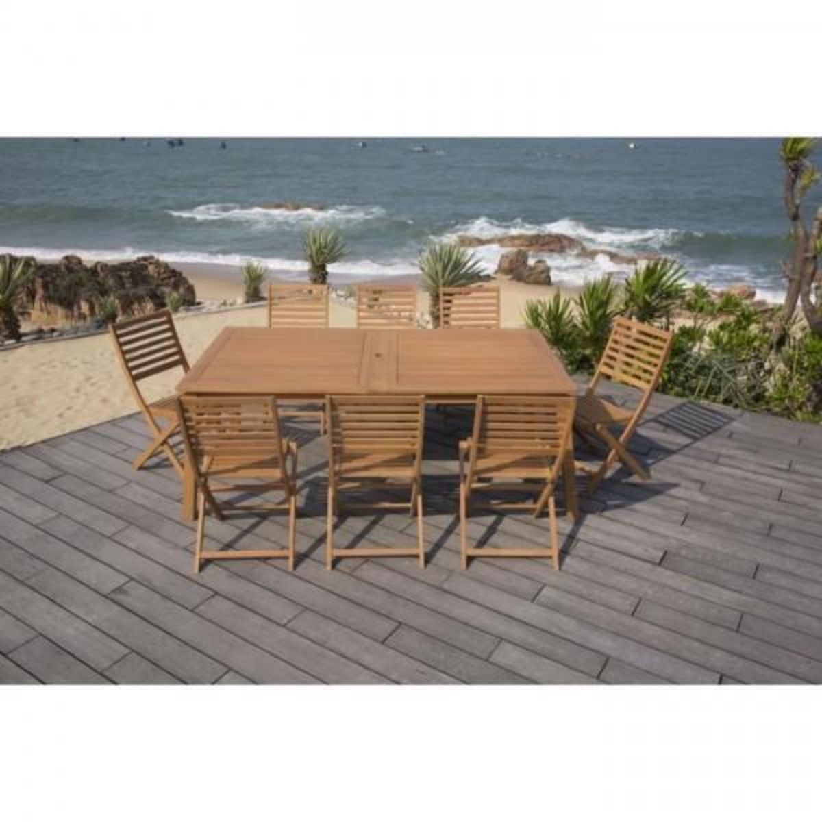 MARKET24 Ensemble repas de jardin 8 a 12 personnes - Table extensible 200/250/300 x 100cm + 8 chaises - Bois Eucalyptus FSC