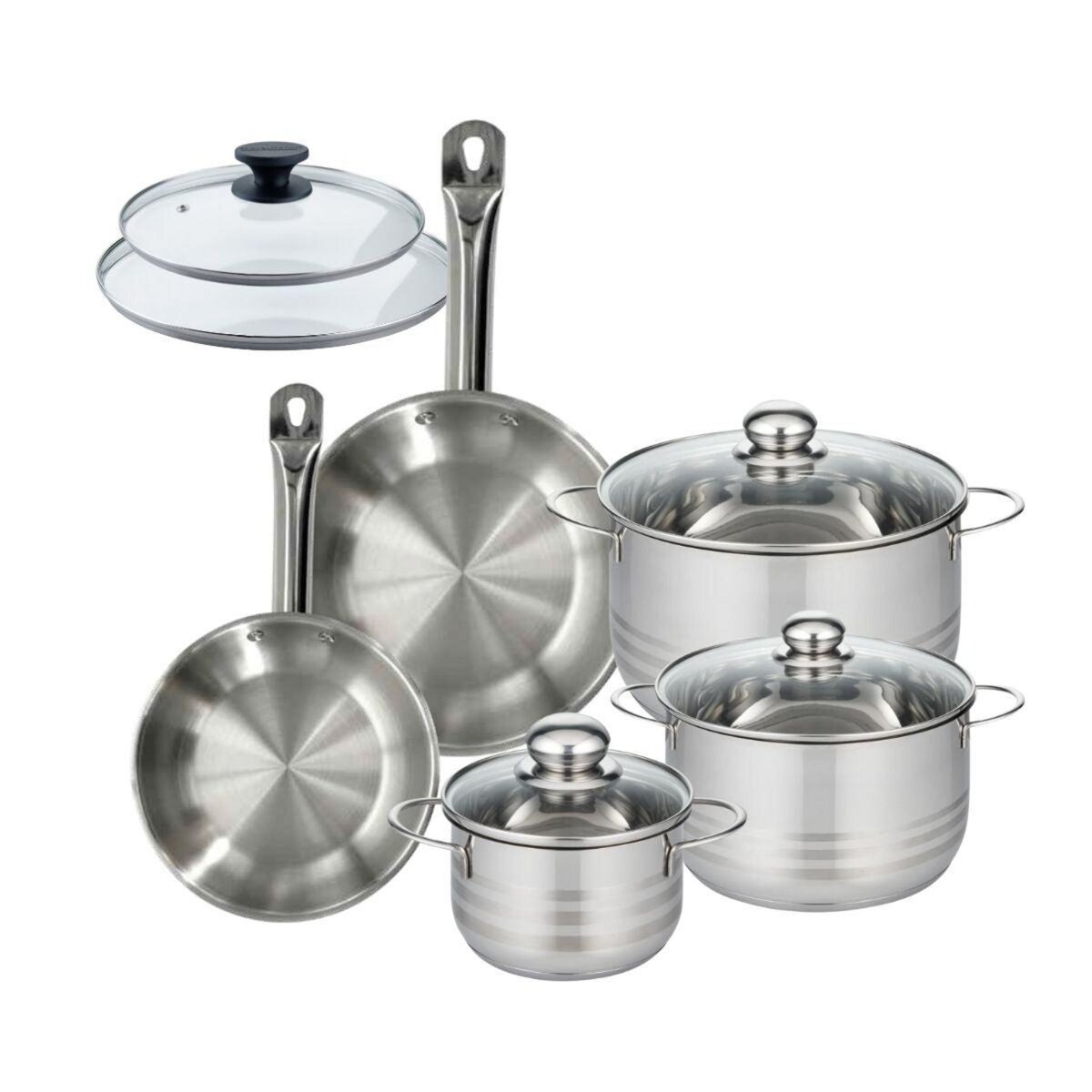 Fackelmann Set 2 poêles 20 24 cm en inox et 2 couvercles verre, 3 faitouts inox 16, 20 et 24 cm Fackelmann Eterna