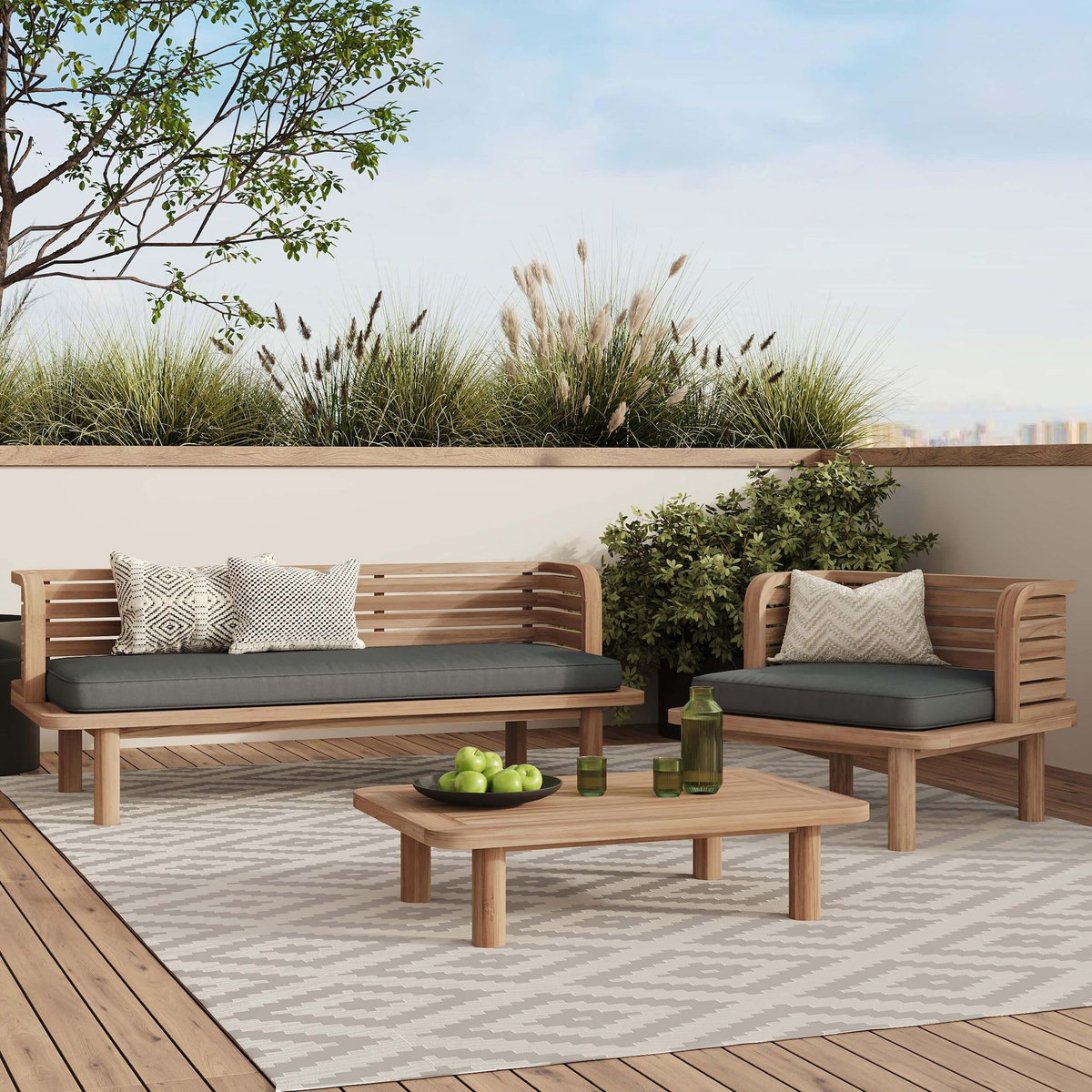 Rendez vous déco Salon de jardin 3 places en bois de teck et tissu gris-Kilda