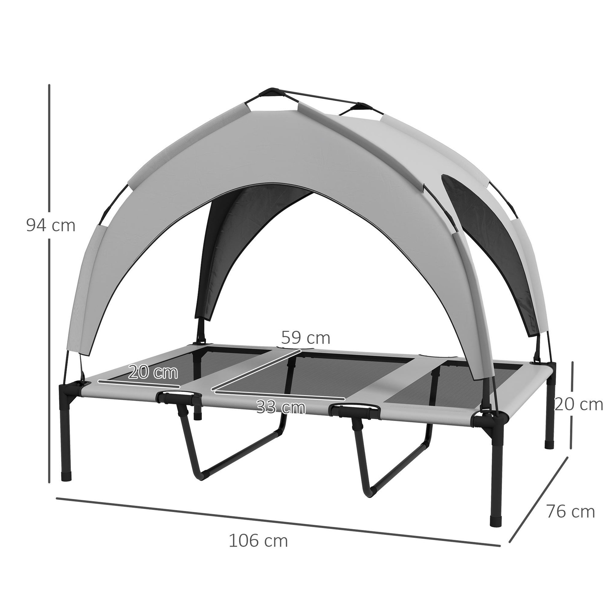Voir la diapositive 3 : PAWHUT Lit chien sur pied avec voile ombrage - 106 x 76 x 94 cm - sac de transport - gris