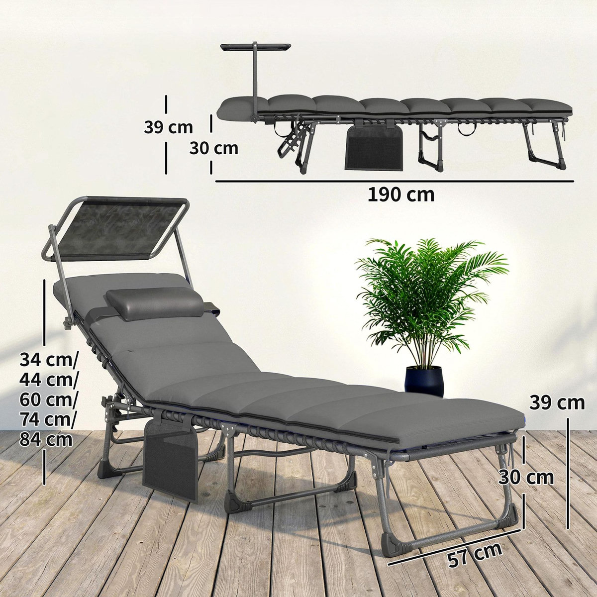 OUTSUNNY Lot de 2 bains de soleil pliables réglables pare-soleil matelas pochette rangement gris