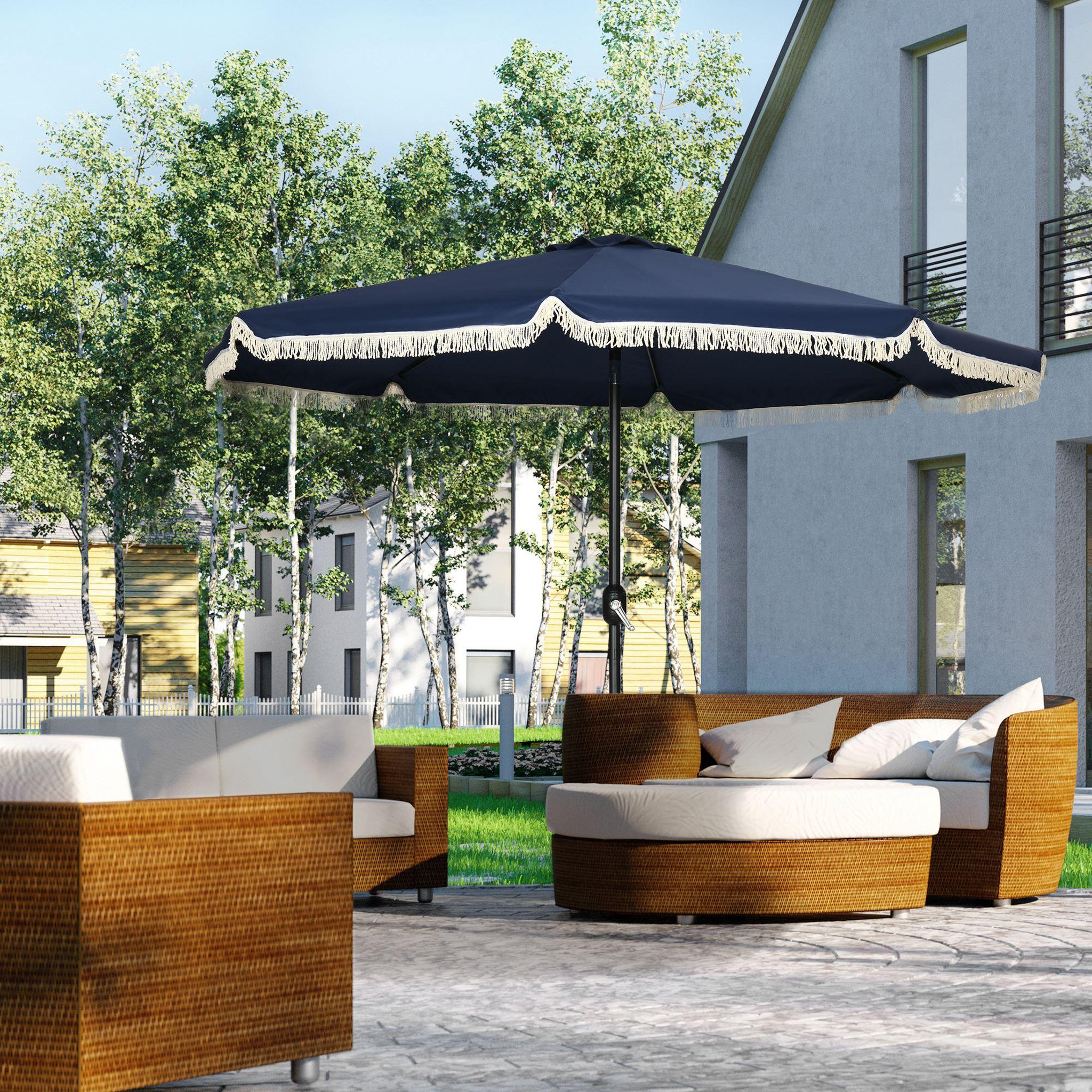 Voir la diapositive 2 : OUTSUNNY Parasol octogonal inclinable Ø 2,68 x 2,32H m mât acier noir polyester haute densité 180 g/m² bleu nuit