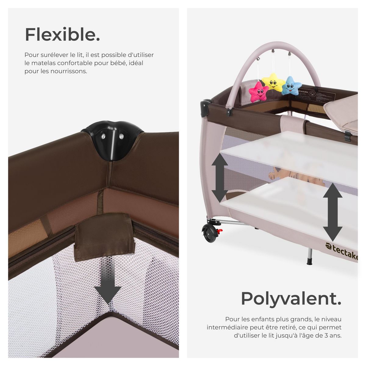 tectake Lit de voyage pour enfants peu encombrant pliable et réglable en hauteur marron