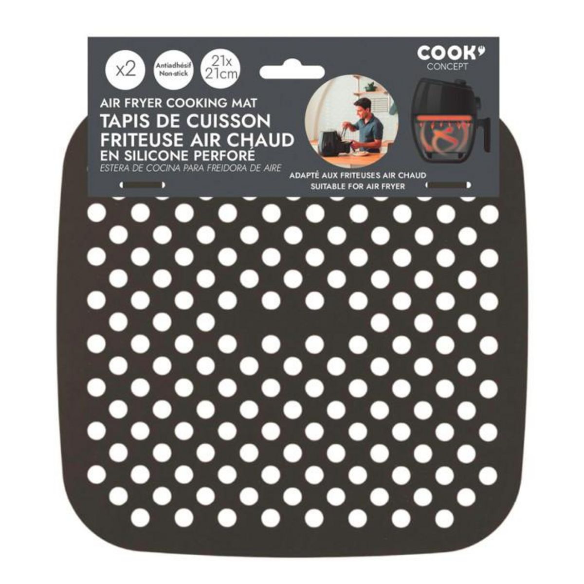 Paris Prix Lot de 2 Tapis de Cuisson Réutilisable  Friteuse à Air  21cm Noir
