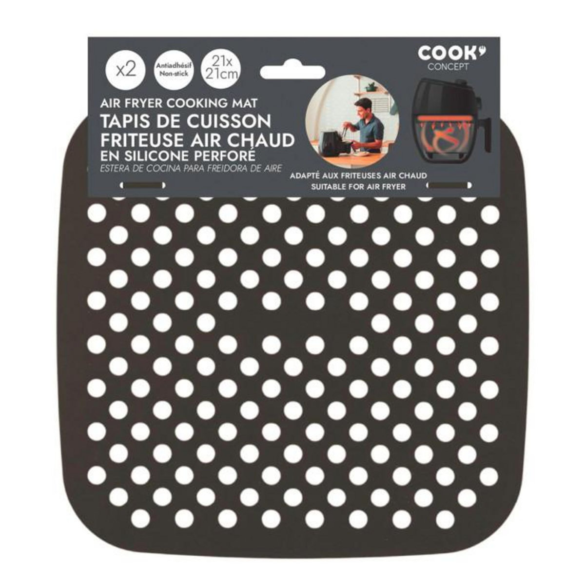Paris Prix Lot de 2 Tapis de Cuisson Réutilisable  Friteuse à Air  21cm Noir