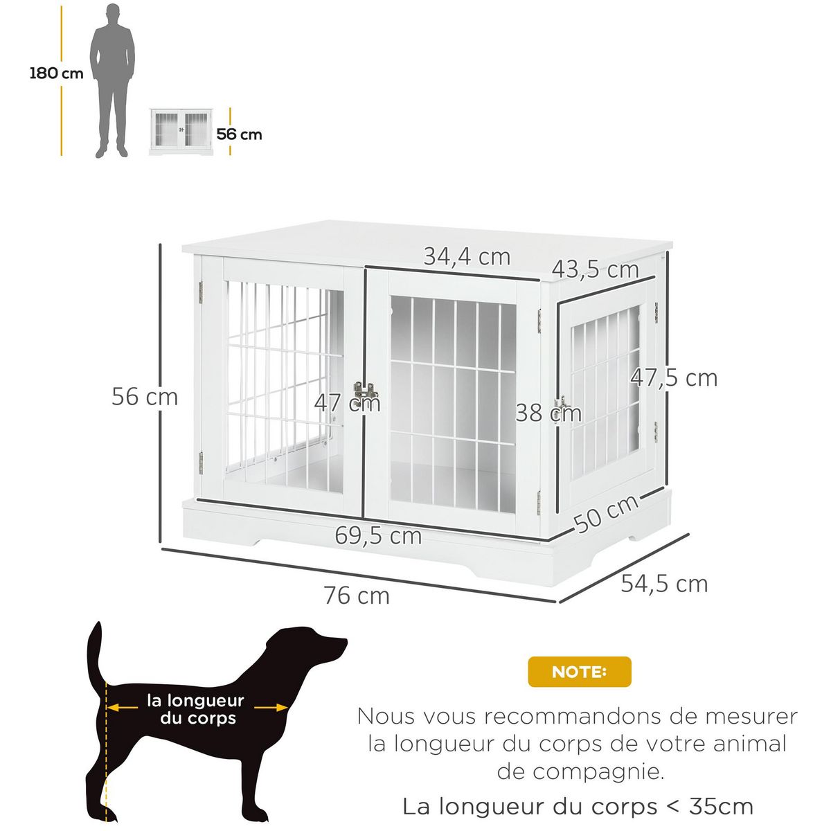 PAWHUT Cage pour chien animaux table d'appoint 2 en 1 - 2 portes verrouillables - dim. 76L x 54,5l x 56H cm - MDF acier blanc