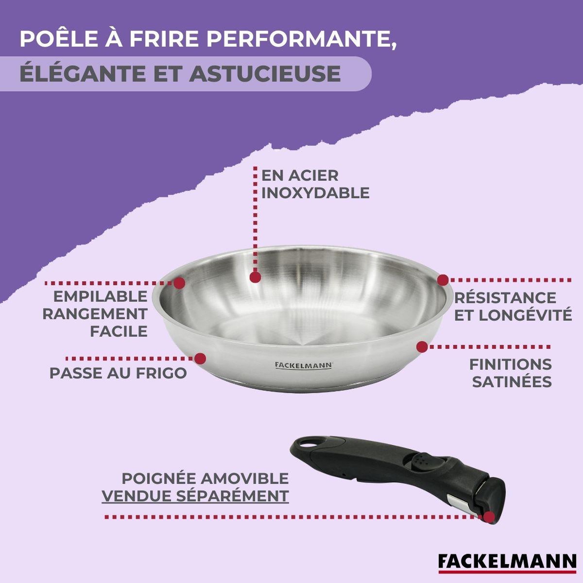Voir la diapositive 6 : Fackelmann Poêle de cuisson 20 cm en inox et manche amovible fackelmann inogrip avec accessoires