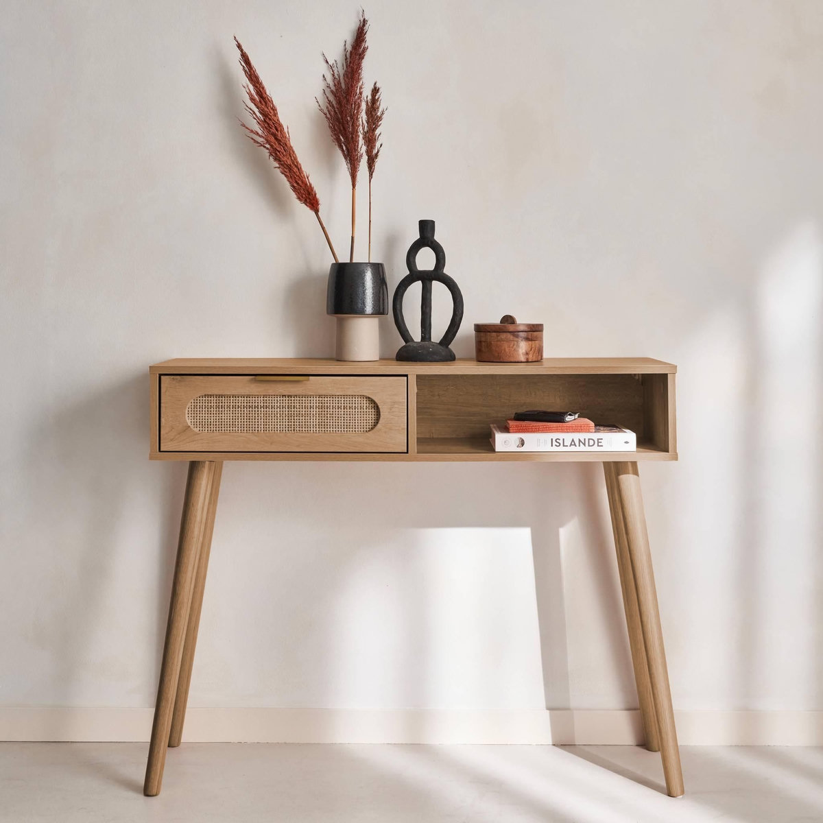 SWEEEK Console décor bois et cannage arrondi . Eva. 1 tiroir. 1 niche. pieds scandinaves. L 100 x l 29 x H 81cm