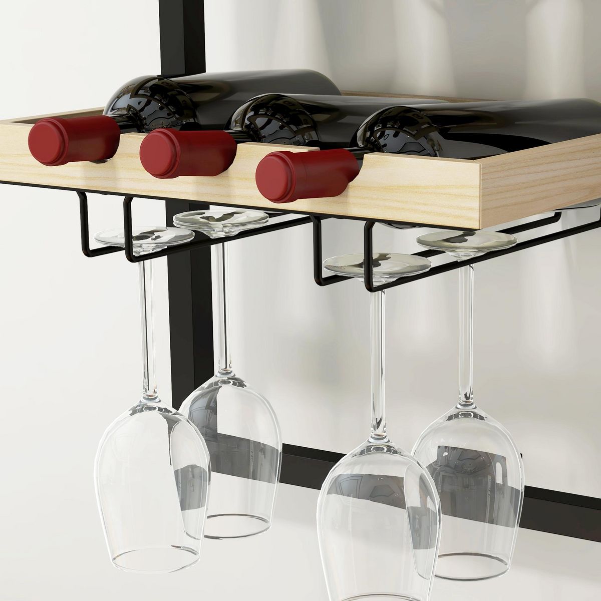 HOMCOM Étagère à bouteille, casier à bouteille mur, 5 niveaux pour 15 bouteilles 4 verres, pour bar à domicile cuisine salon, 35l x 25P x 86H cm, bois de pin, finition bois naturel