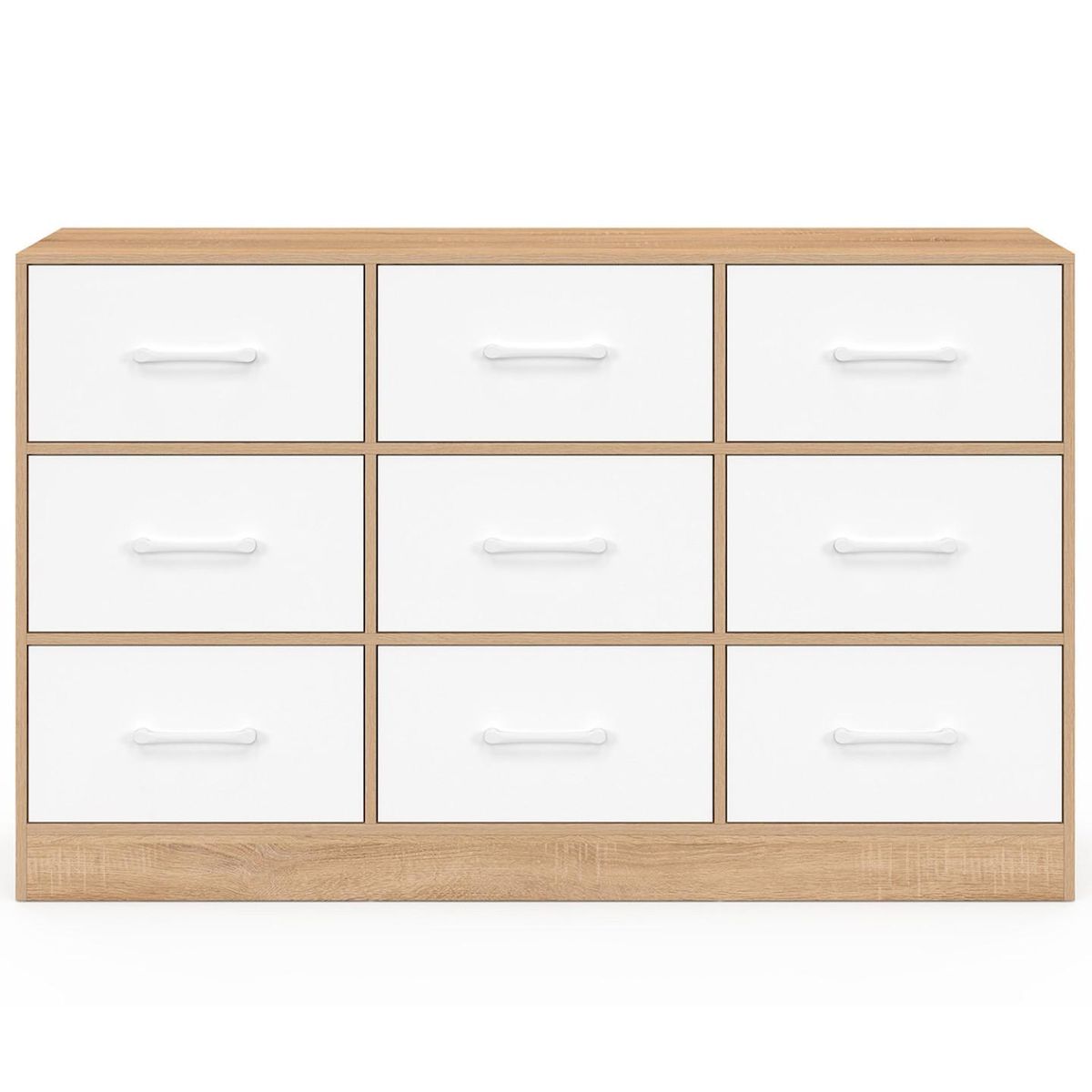 ID MARKET Commode 9 tiroirs en tissu UPPAH 113 cm meuble de rangement bois façon hêtre et blanc