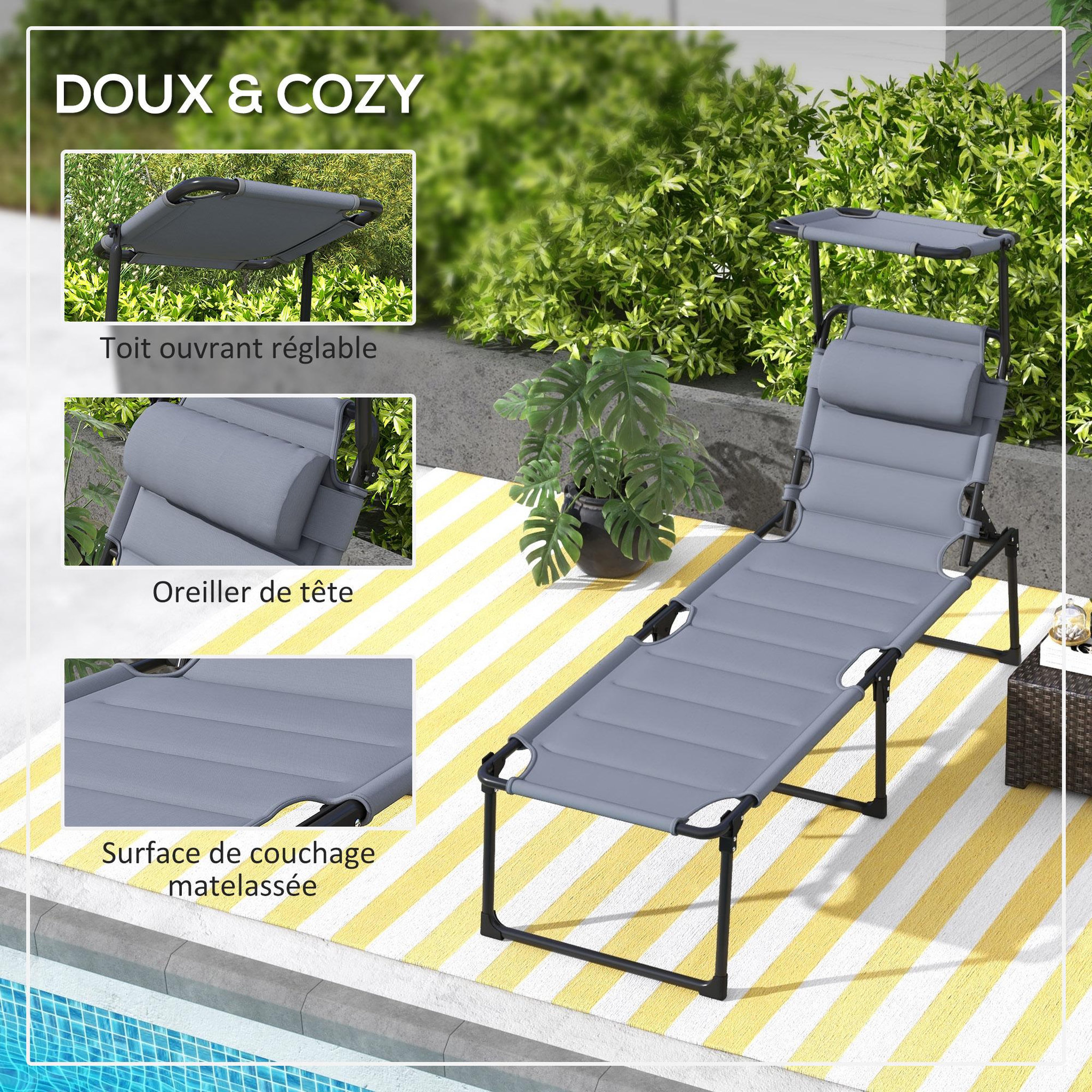 Voir la diapositive 4 : OUTSUNNY Bain de soleil transat inclinable pliable matelassé - pare-soleil, tétière - métal époxy noir tissu gris