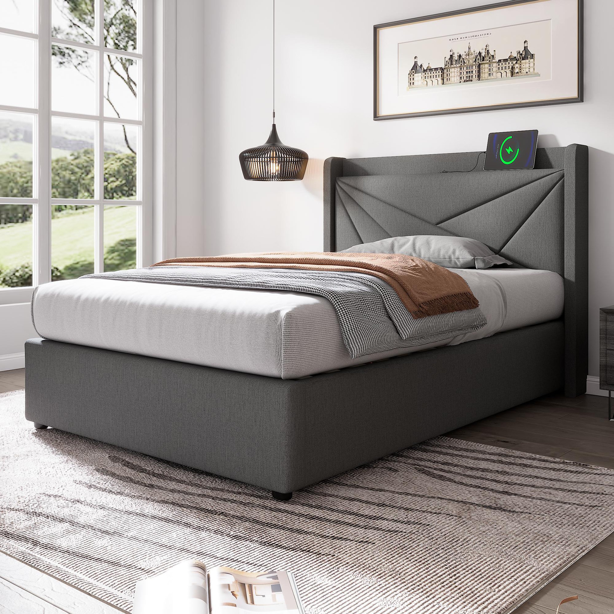 Voir la diapositive 3 : MERAX Lit coffre avec sommier et USB Lin