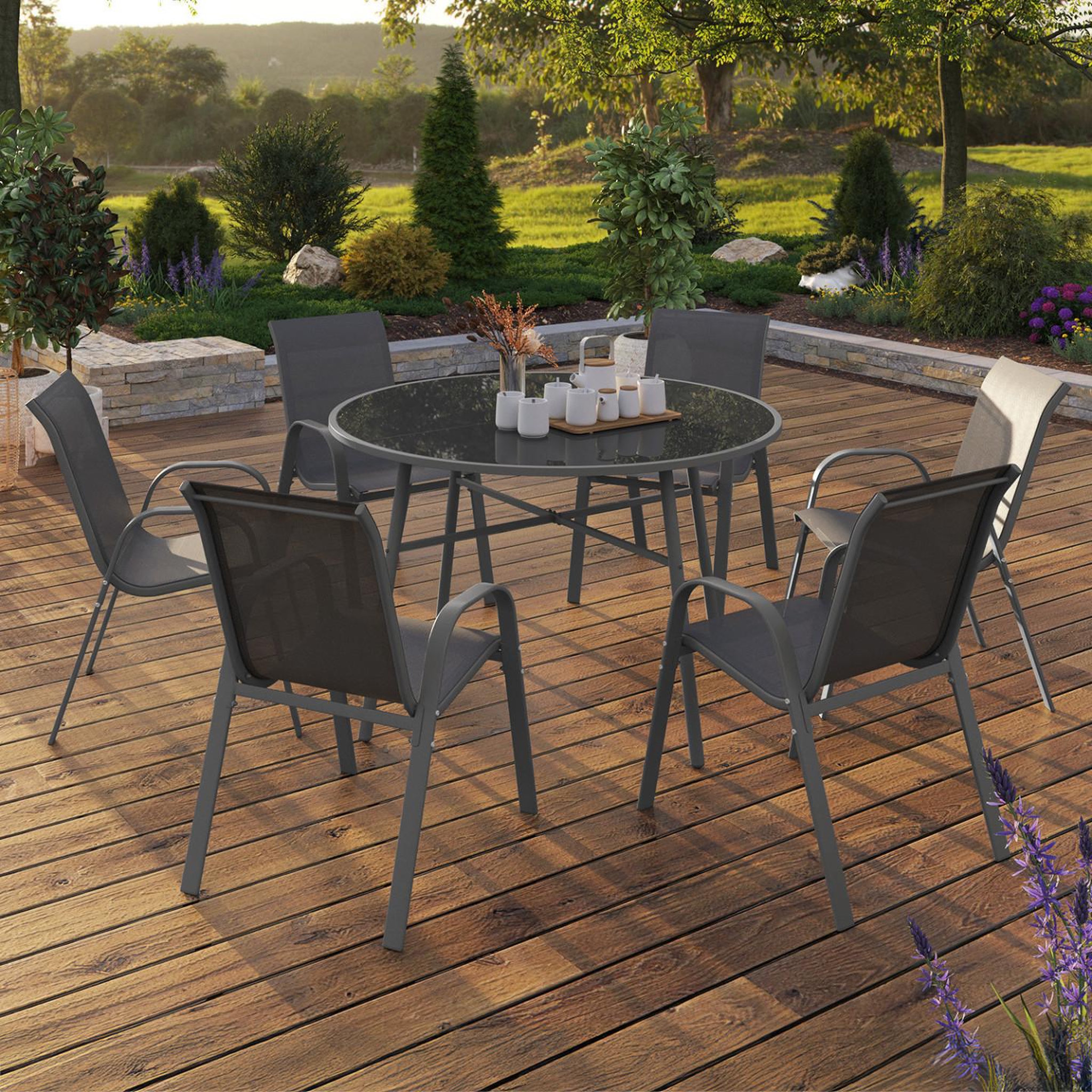 Voir la diapositive 2 : ID MARKET Salon de jardin MADRID table ronde 120 CM et 6 chaises empilables gris anthracite