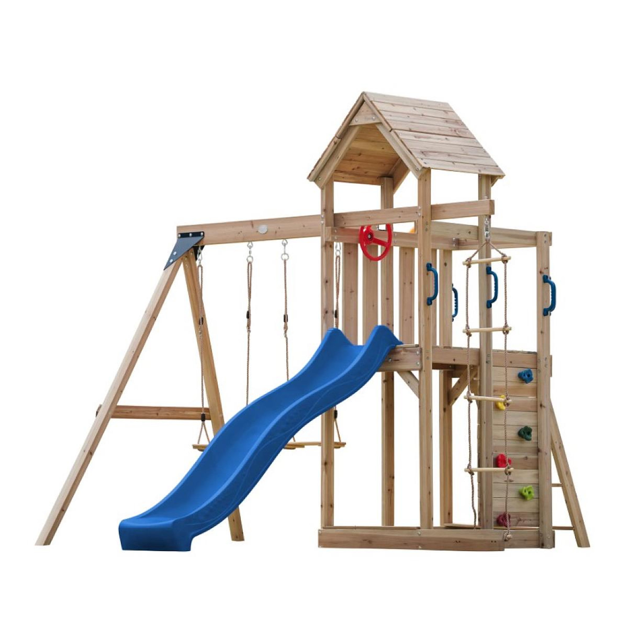 Axi House Portique  Moos 2 balançoires + échelle toboggan bleu