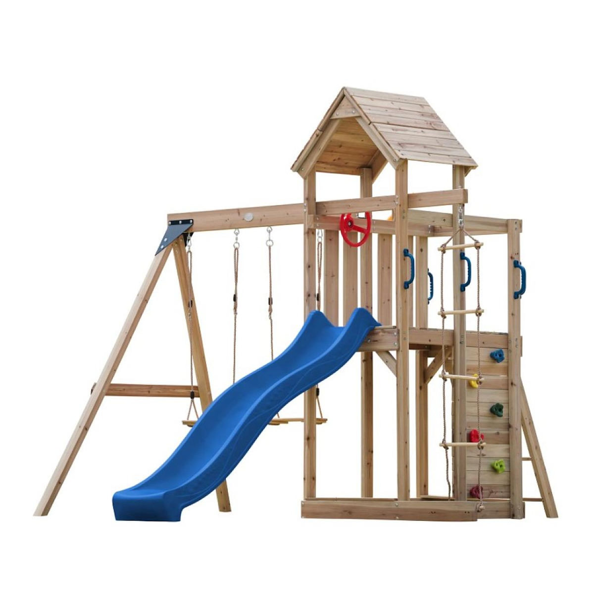 Axi House Portique  Moos 2 balançoires + échelle toboggan bleu