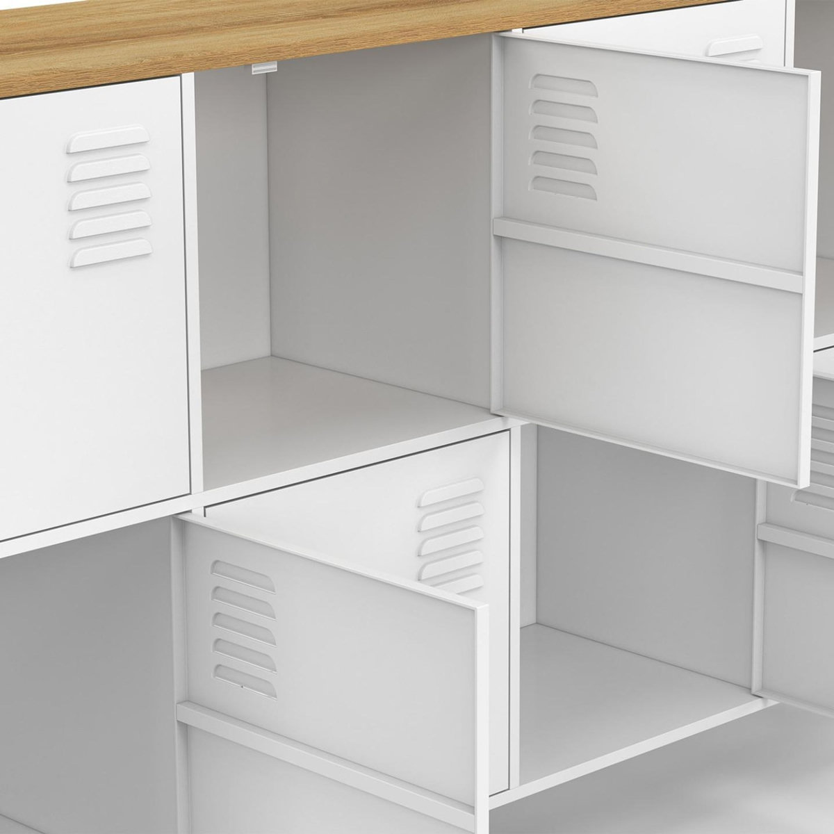 ID MARKET Buffet casier 139 cm ESTER 8 portes en métal blanc plateau bois design industriel