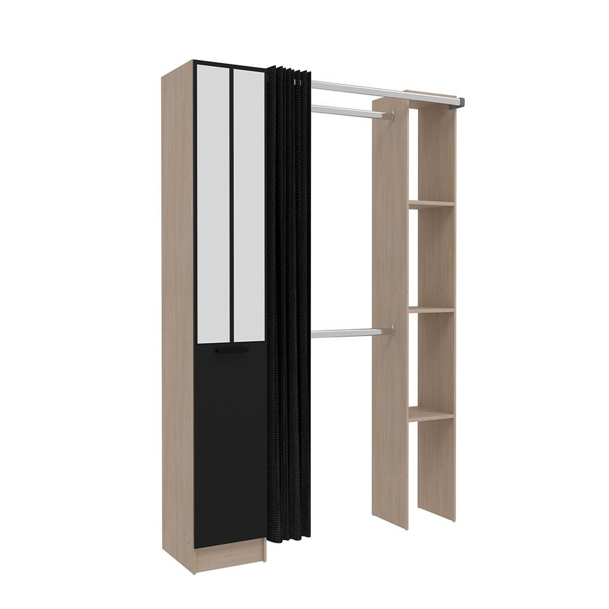 Voir la diapositive 1 : CONCEPT USINE Dressing industriel bois avec rideau noir et 2 penderies et 6 étagères NICE