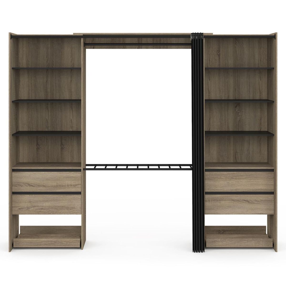 ID MARKET Dressing double XXL MERYL 220 cm hêtre avec porte pantalons + étagères + tiroirs + rangements à chaussures et noir