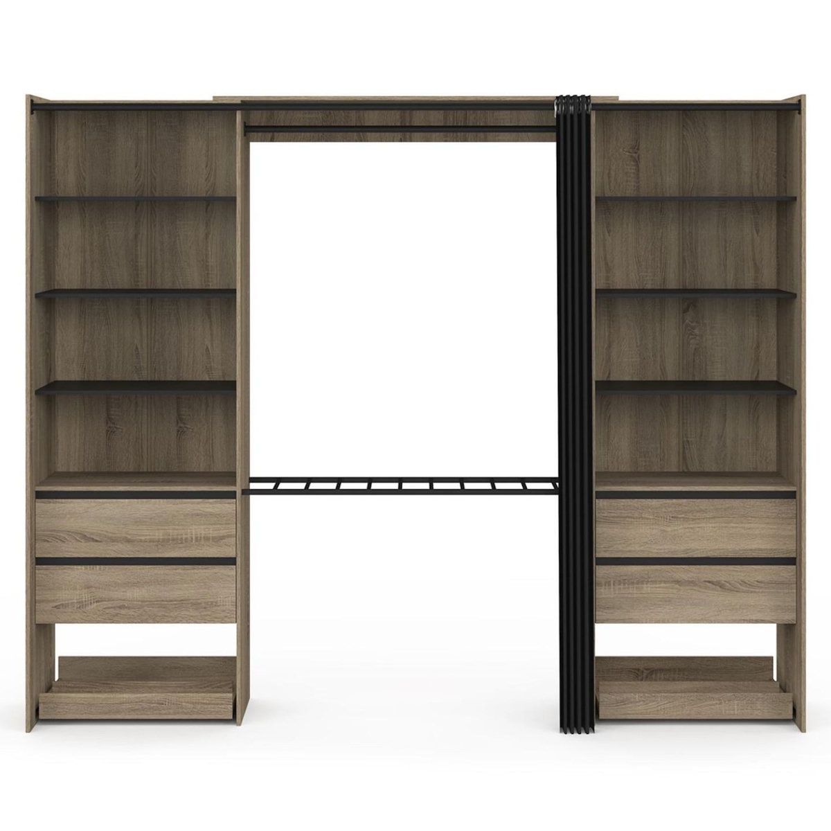ID MARKET Dressing double XXL MERYL 220 cm avec porte pantalons + étagères + tiroirs + rangements à chaussures hêtre et noir