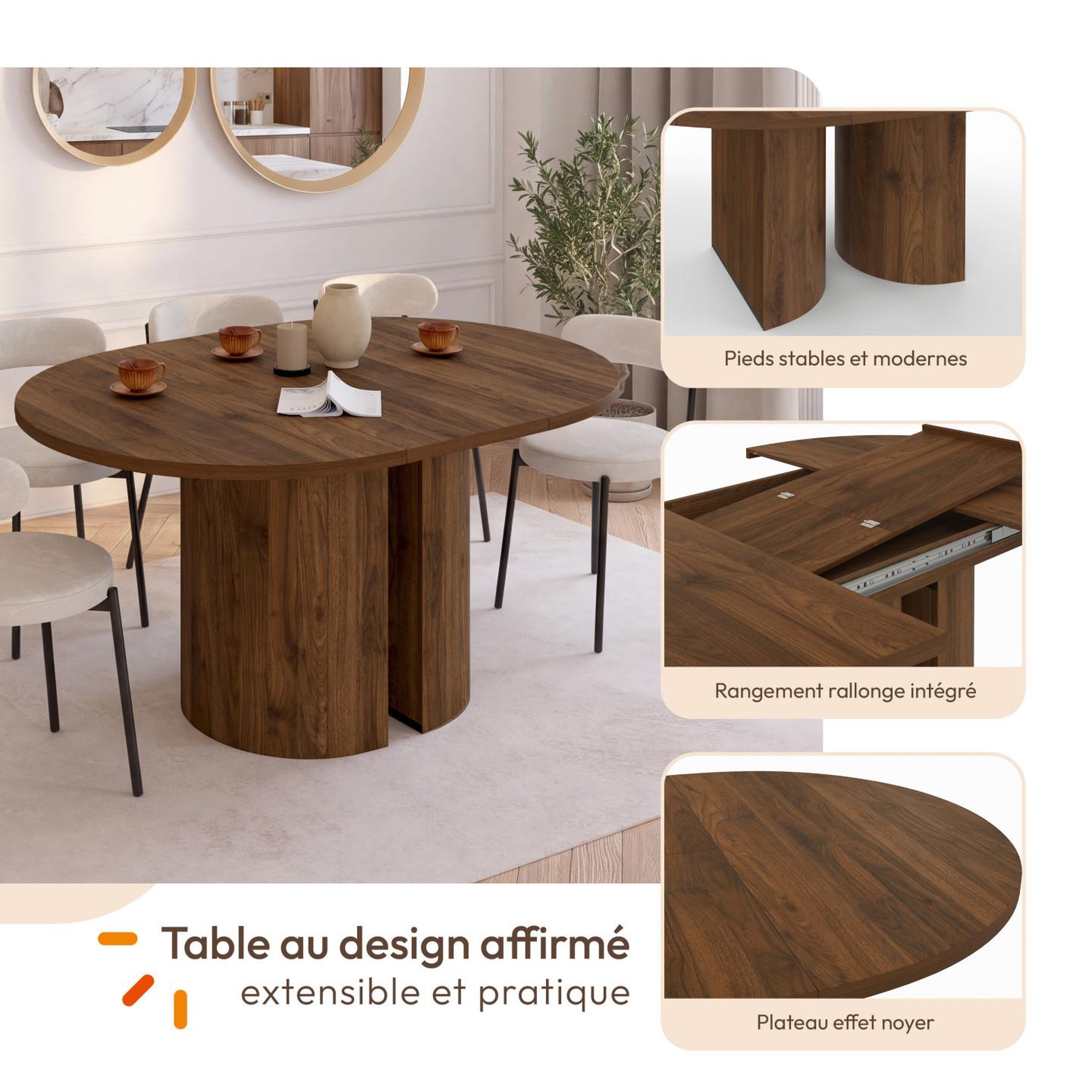 Voir la diapositive 5 : ID MARKET Table à manger extensible ronde michelle 4-8 personnes 2 pieds réversibles noyer 110-150 cm
