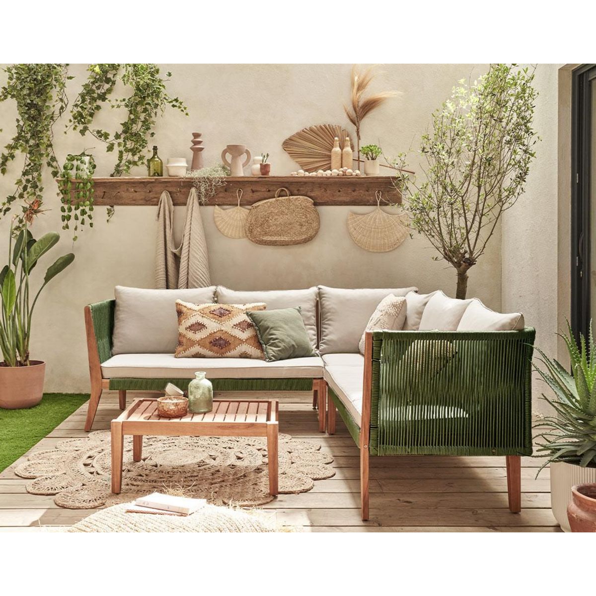 BEST MOBILIER Papua - salon de jardin en bois et corde kaki - 5 places - coussins beige