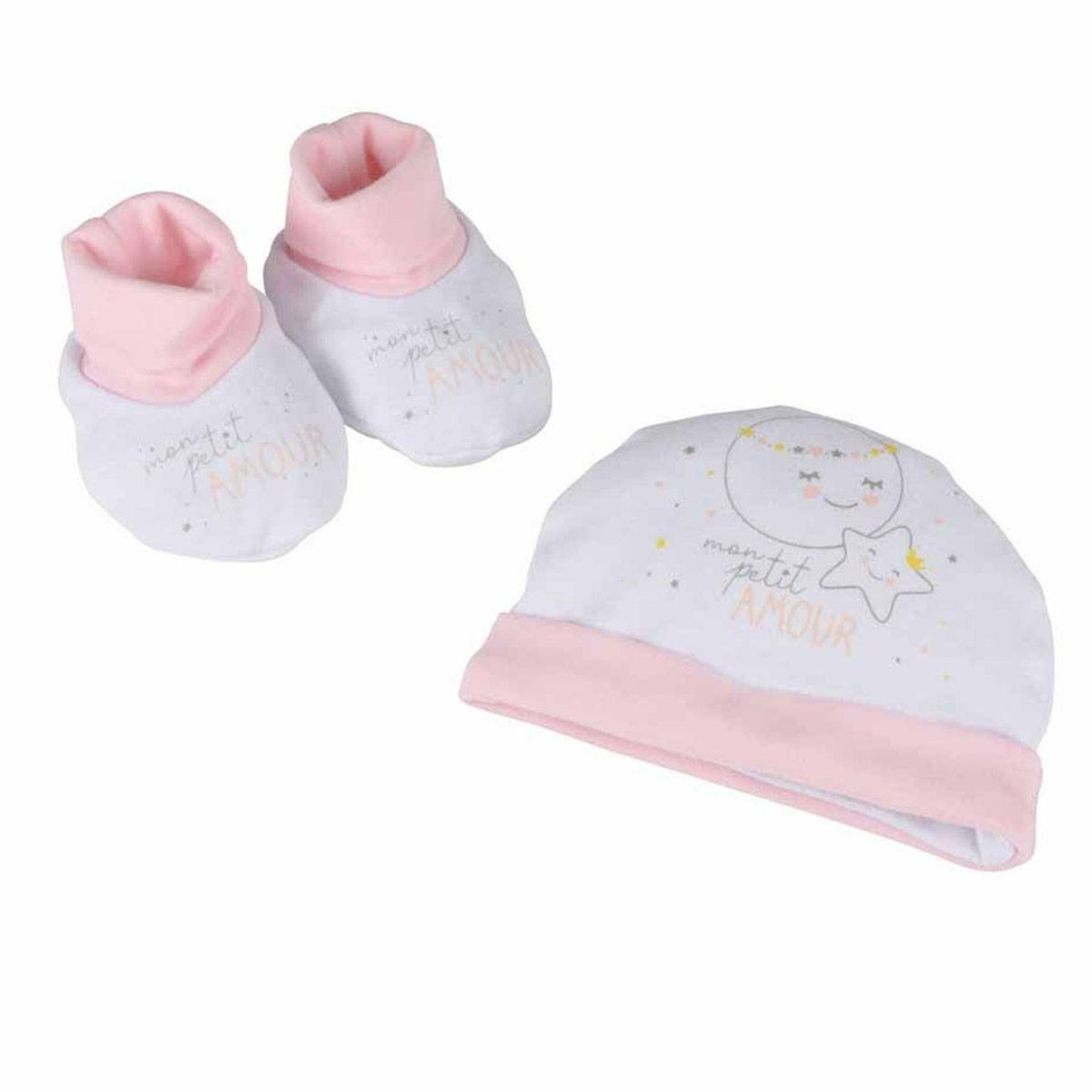 Paris Prix Lot Bonnet & Chaussons  Lune  0 à 1 mois Rose
