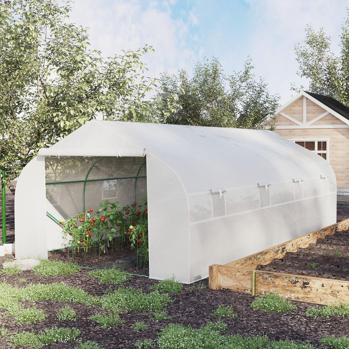 OUTSUNNY Serre tunnel de jardin dim. 5,93L x 3l x 2H m porte + 8 fenêtres enroulables acier galvanisé bâche PE haute densité blanc