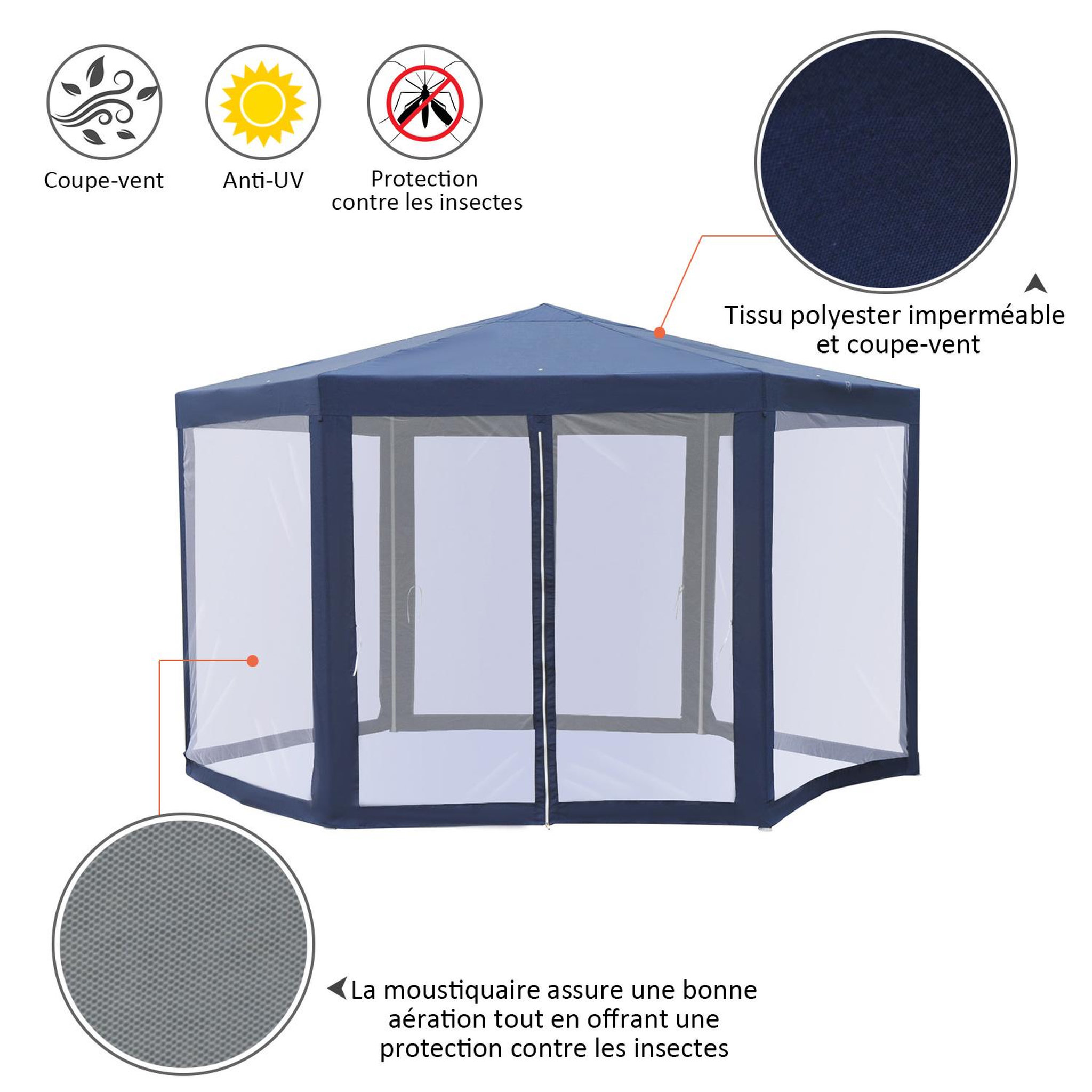 Voir la diapositive 4 : OUTSUNNY Tonnelle barnum tente de réception hexagonale 10 m² style cosy métal polyester imperméabilisé bleu blanc