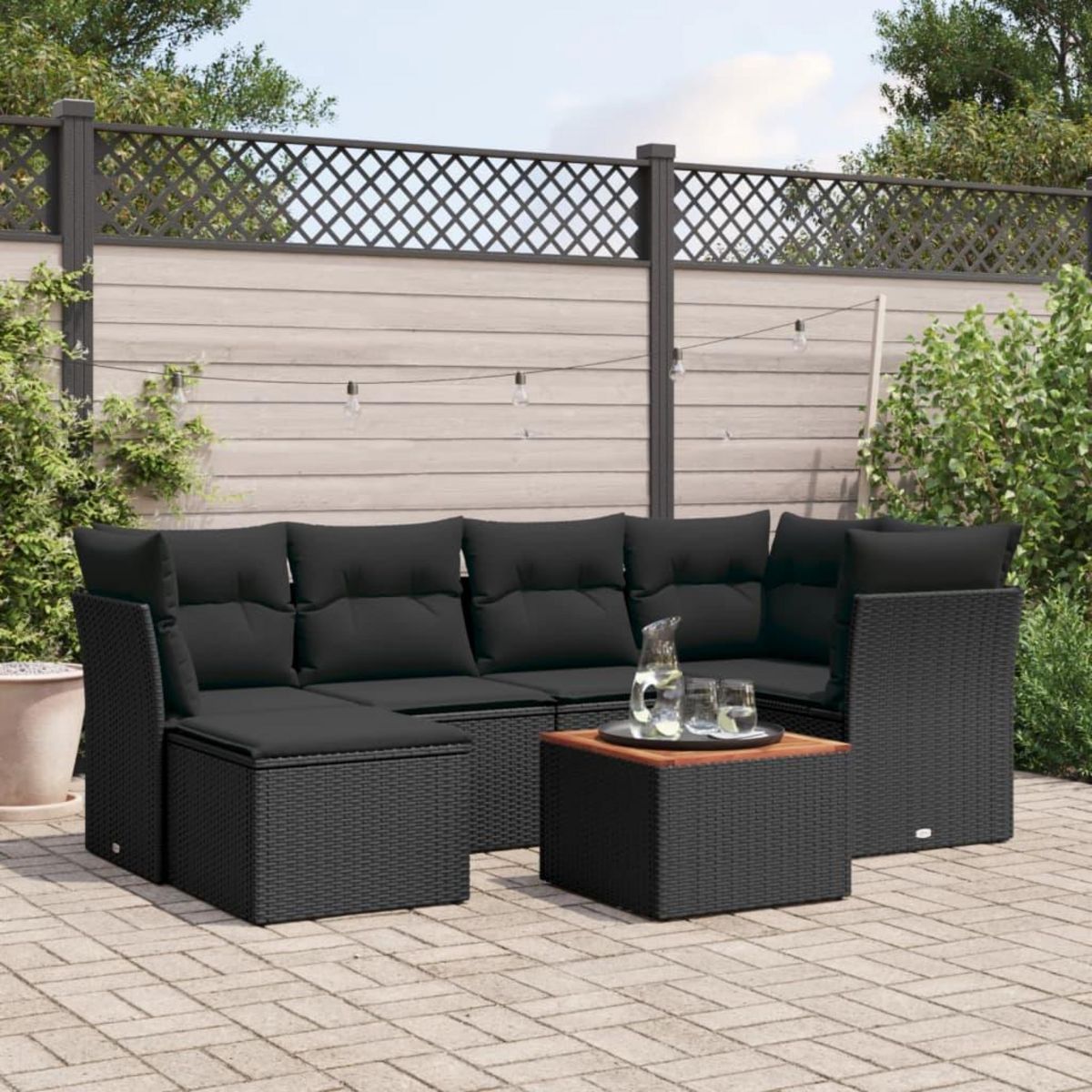 VIDAXL Salon de jardin 7 pcs avec coussins noir resine tressee