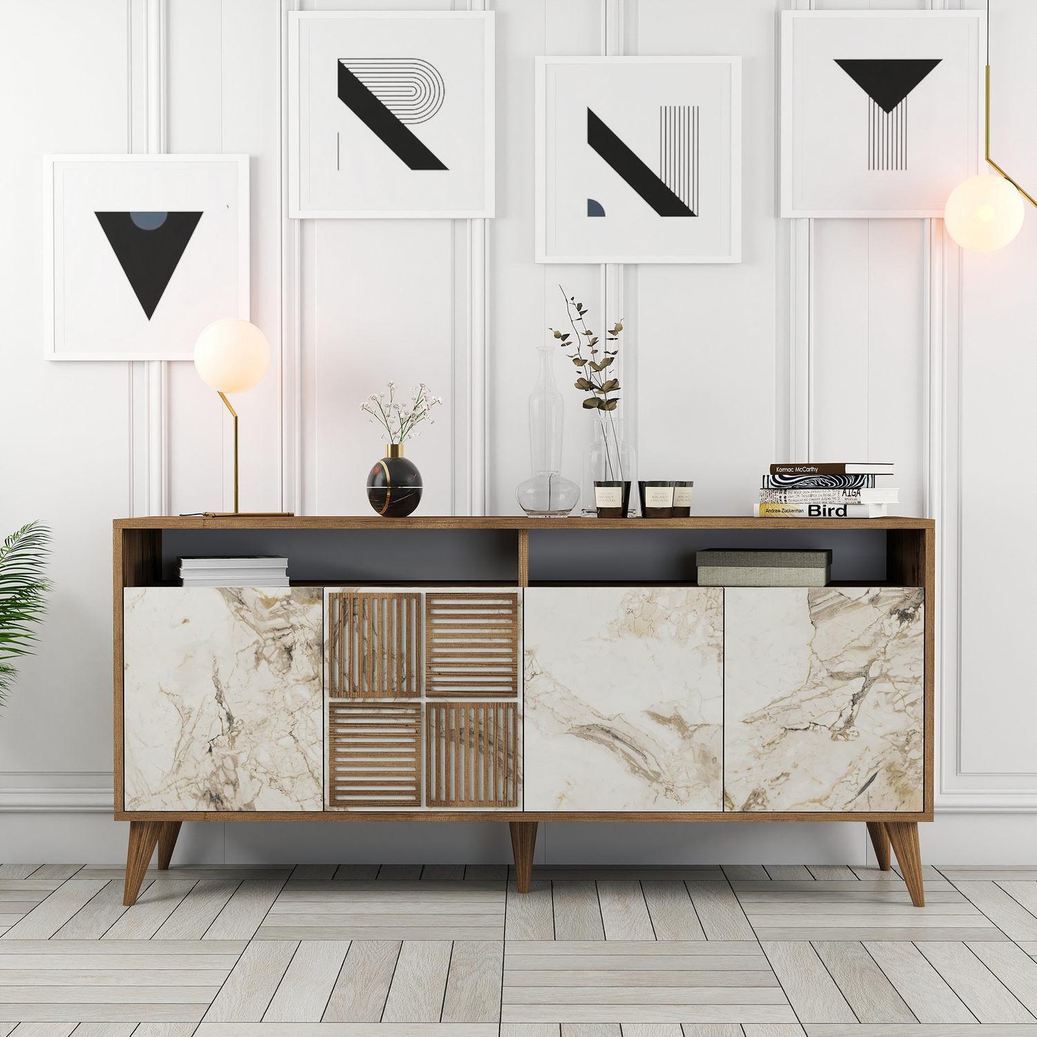 Voir la diapositive 2 : Habitat et Jardin Buffet en bois  milan  - 160 x 35 x 78 cm - noyer, marbre blanc