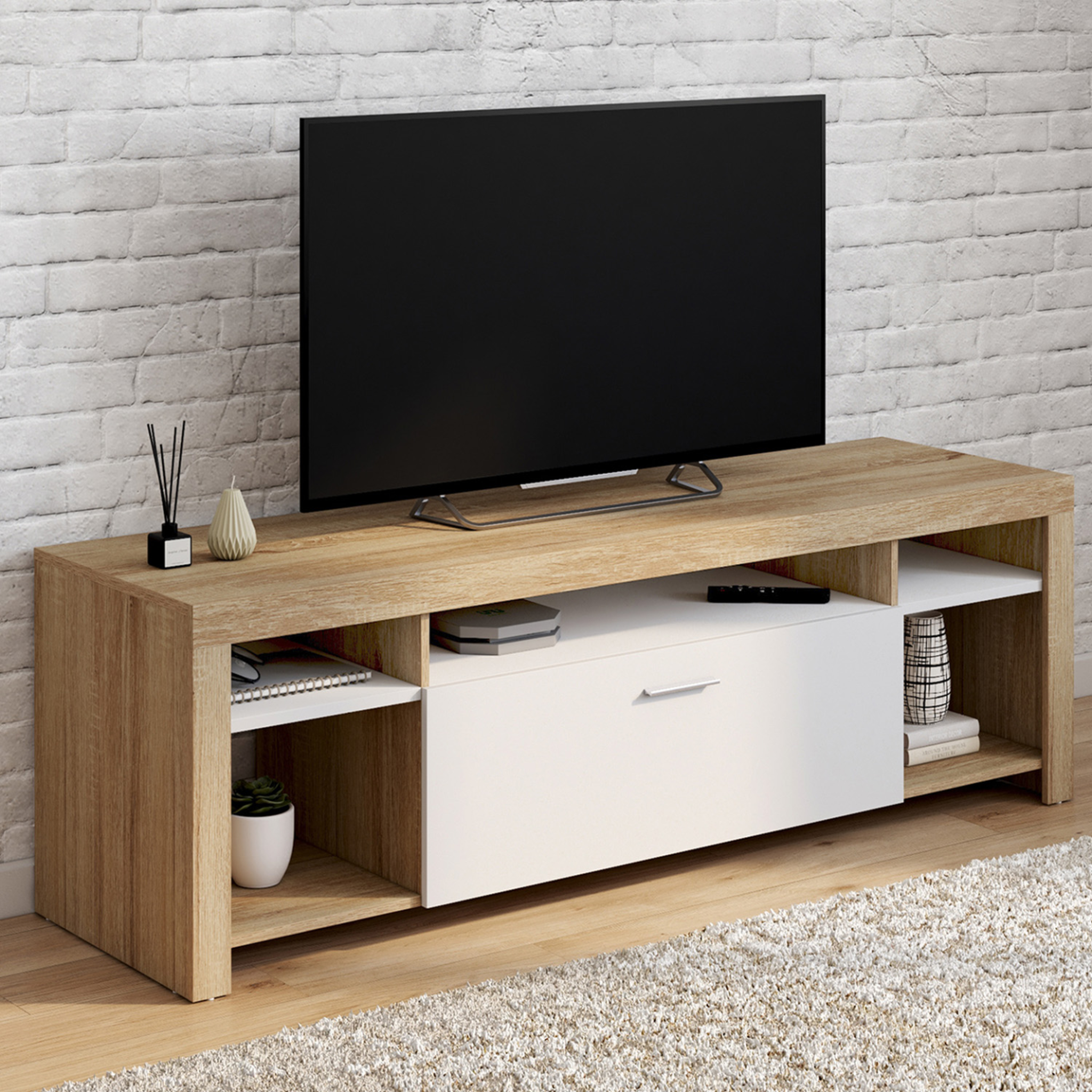 Voir la diapositive 2 : ID MARKET Meuble tv 140 cm malo bois et placard blanc
