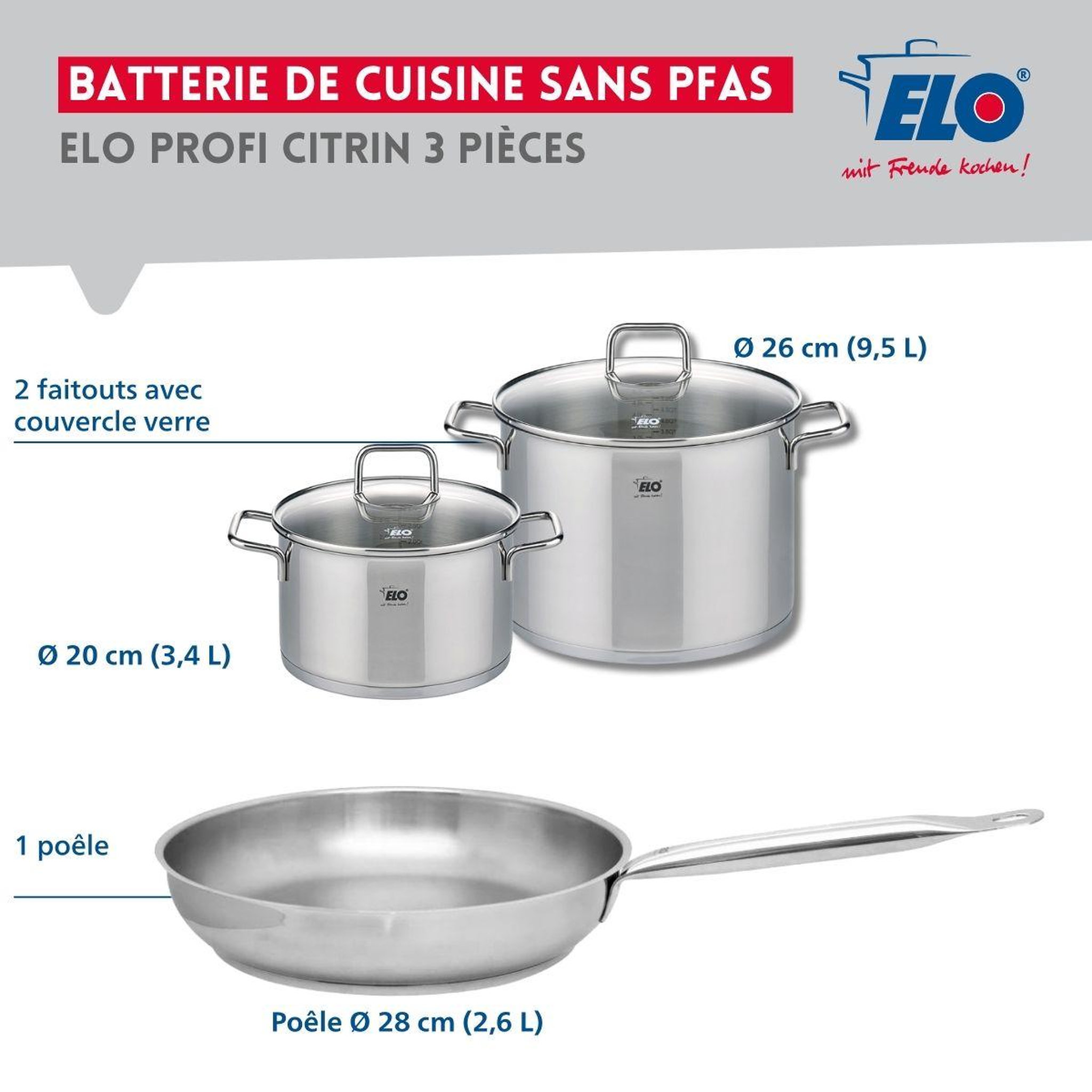 Voir la diapositive 2 : ELO Ensemble de 1 poêle de cuisson 28 cm et 2 faitouts 20 et 26 cm elo profi citrin