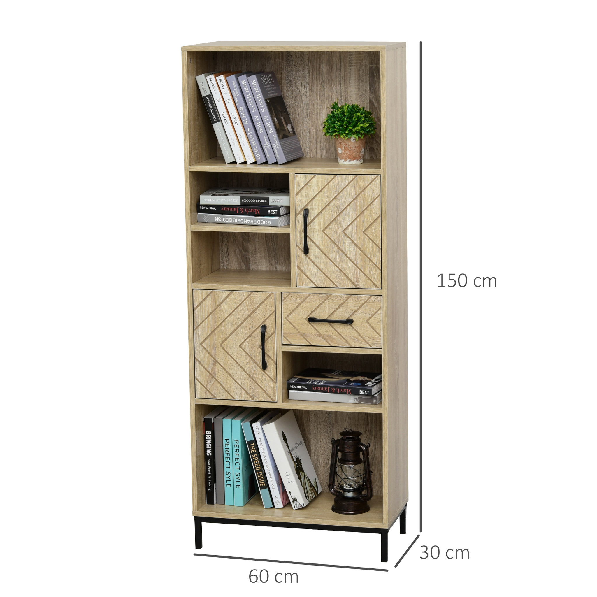 Voir la diapositive 3 : HOMCOM Biblliothèque 2 étagères 3 niches 2 placards + tiroir panneaux particules MDF chêne clair motif graphique métal noir