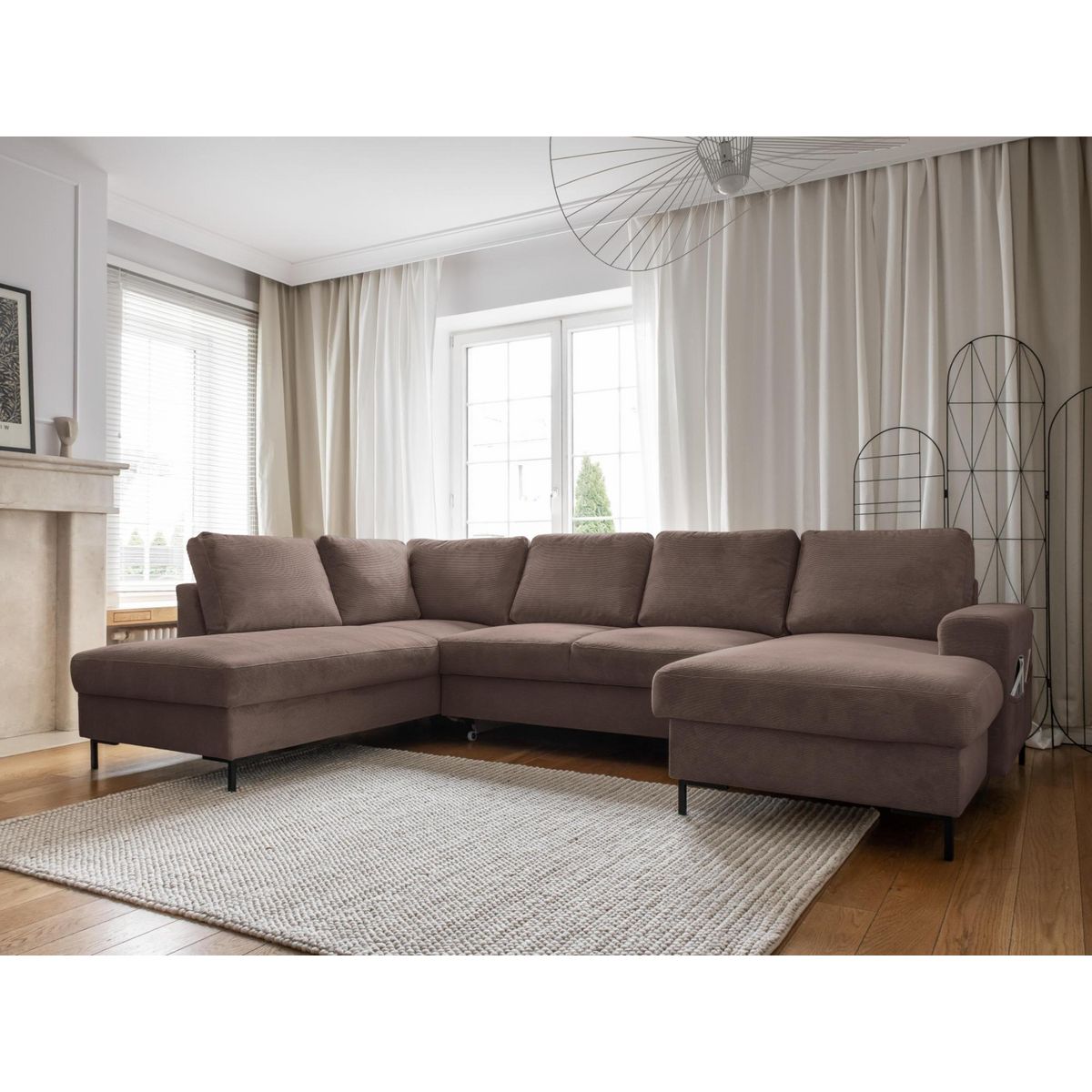 BEST MOBILIER Lilly - canapé panoramique d'angle gauche - 7 places - convertible avec coffre - en velours côtelé