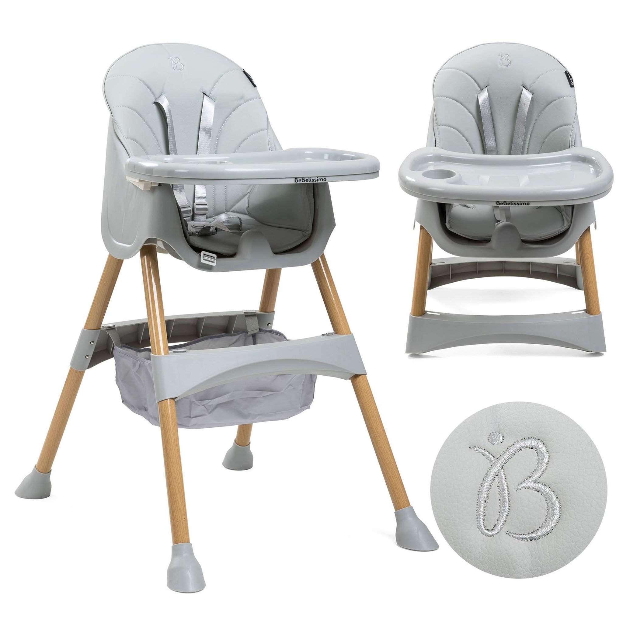 BEBELISSIMO Chaise haute 2 en 1 - Evolutive - Réglable - Pliable - gris - woodie