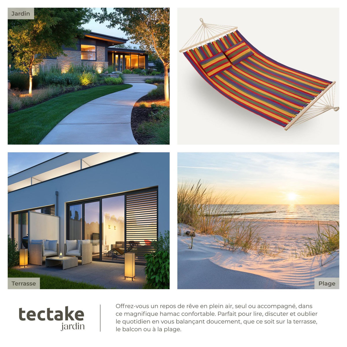 tectake Hamac avec barres d'expansion pour 2 personnes avec des rayures colorées