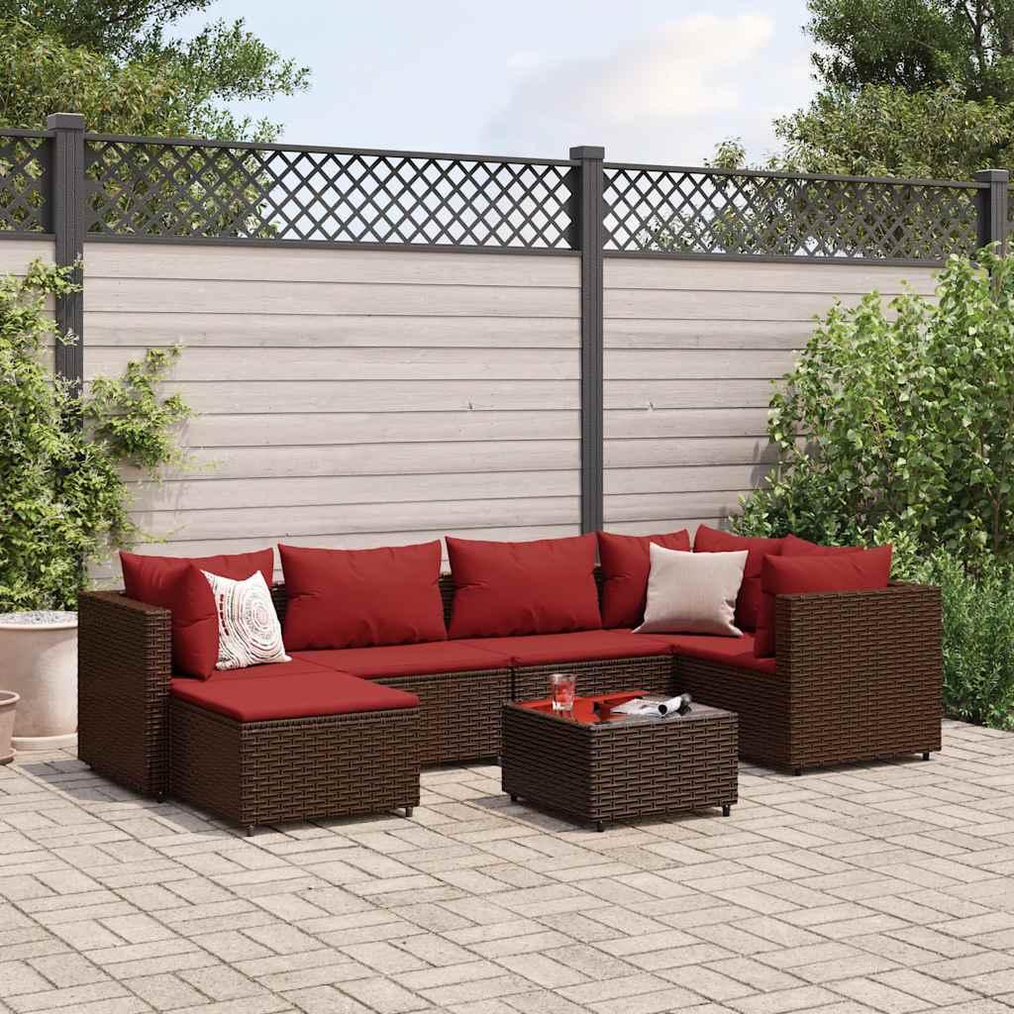 VIDAXL Salon de jardin avec coussins 7 pcs marron resine tressee