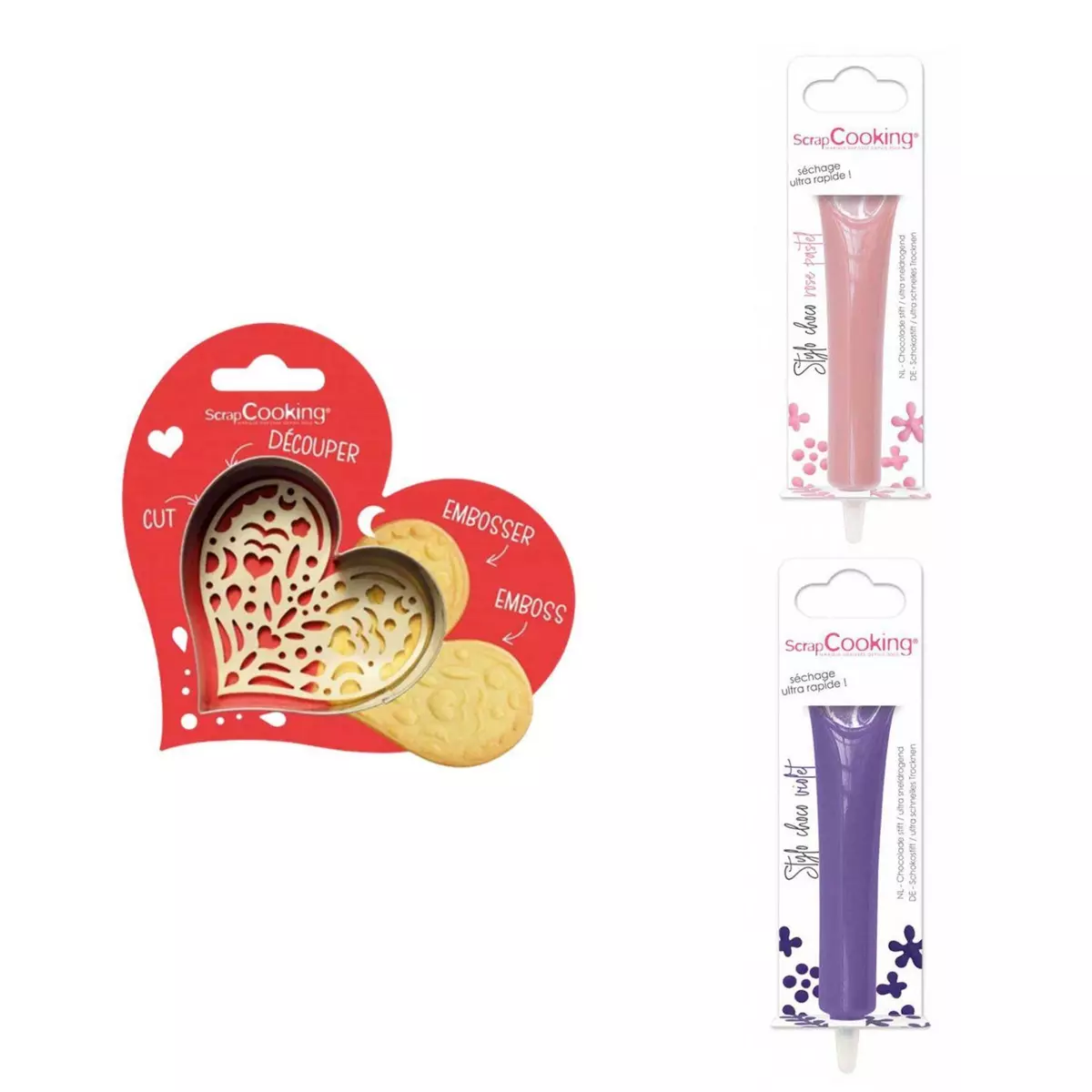 SCRAPCOOKING Kit pour biscuit en relief Coeur + 2 Stylos au chocolat rose pastel et violet