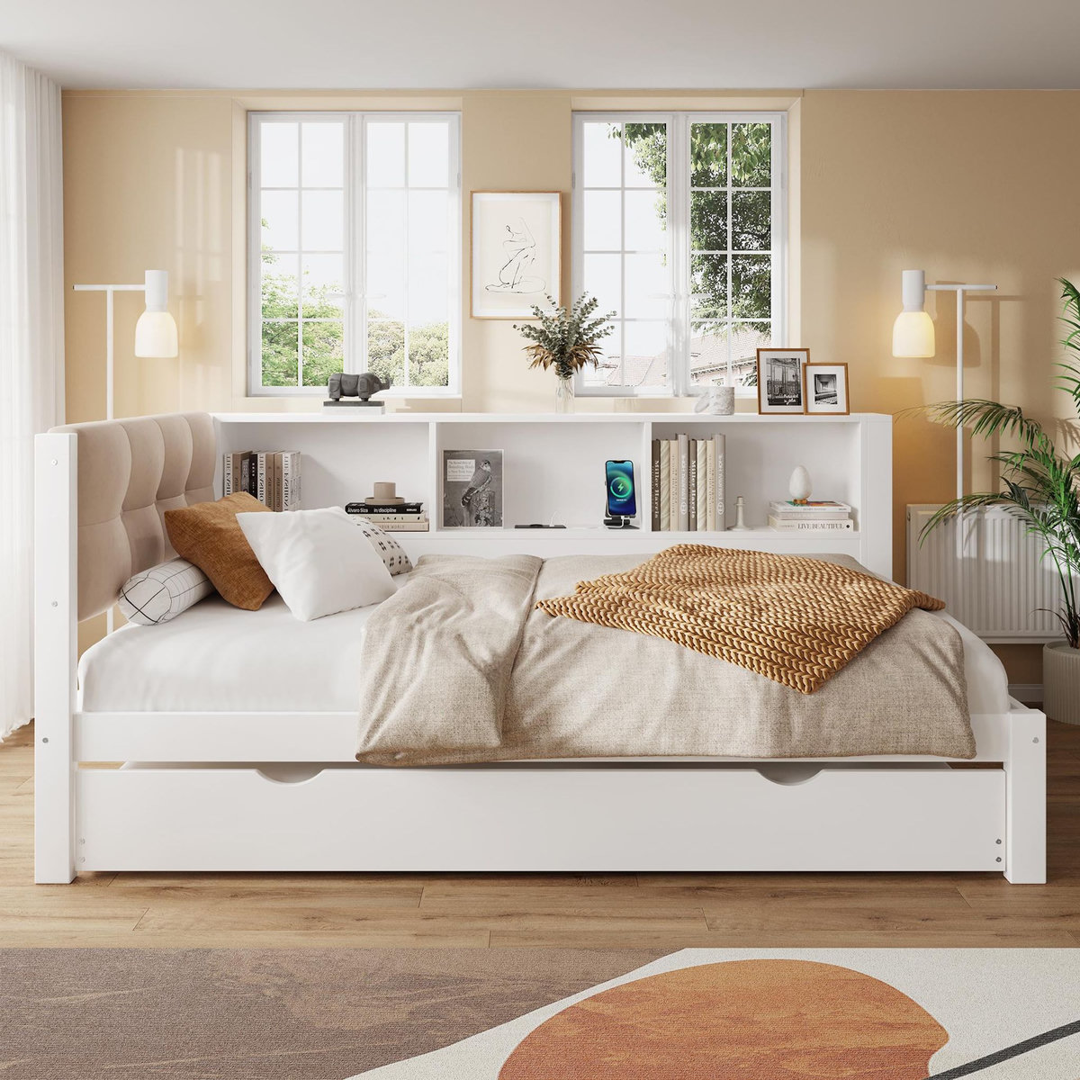 MERAX Lit gigogne 90x200cm pin coloris blanc led