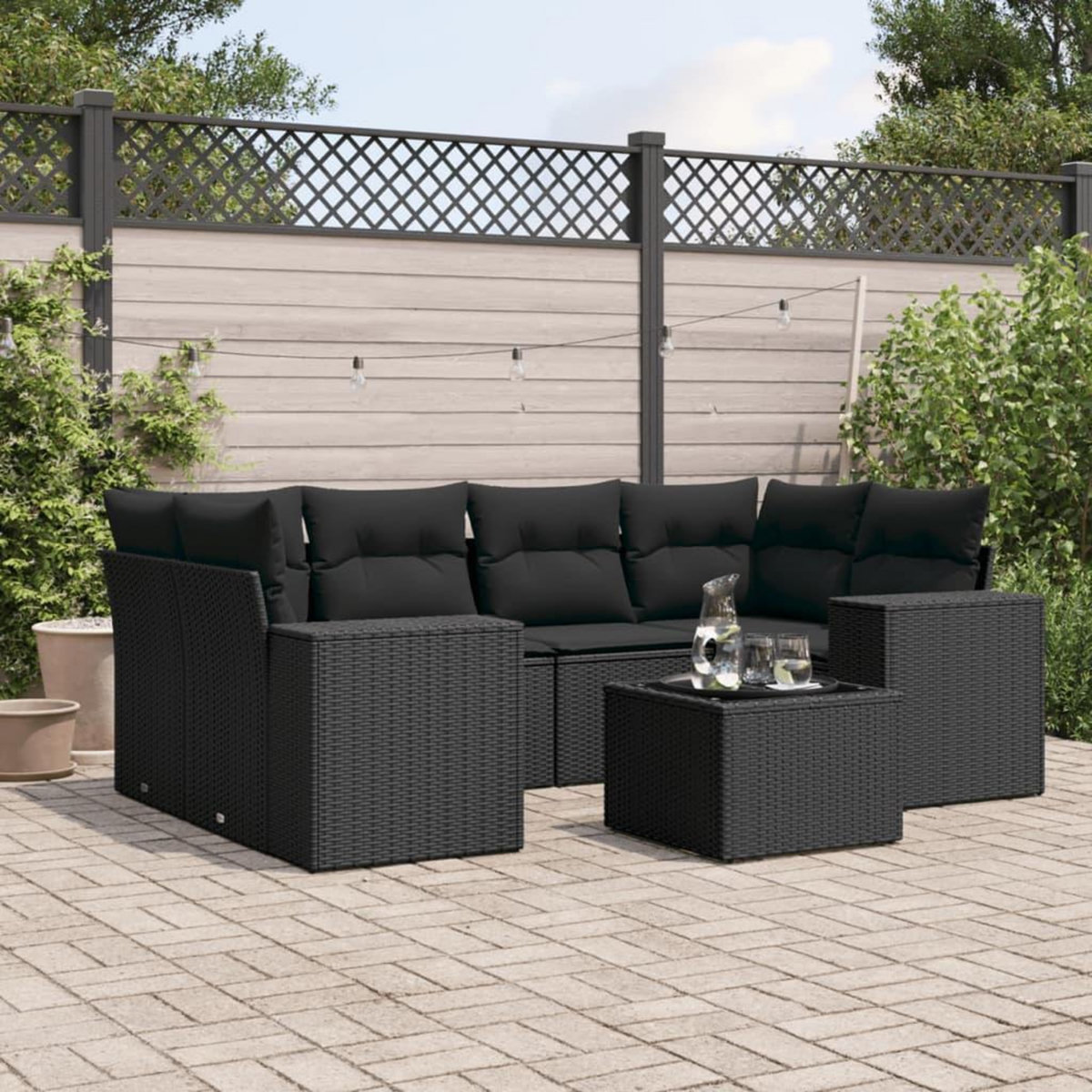 VIDAXL Salon de jardin 7 pcs avec coussins noir resine tressee