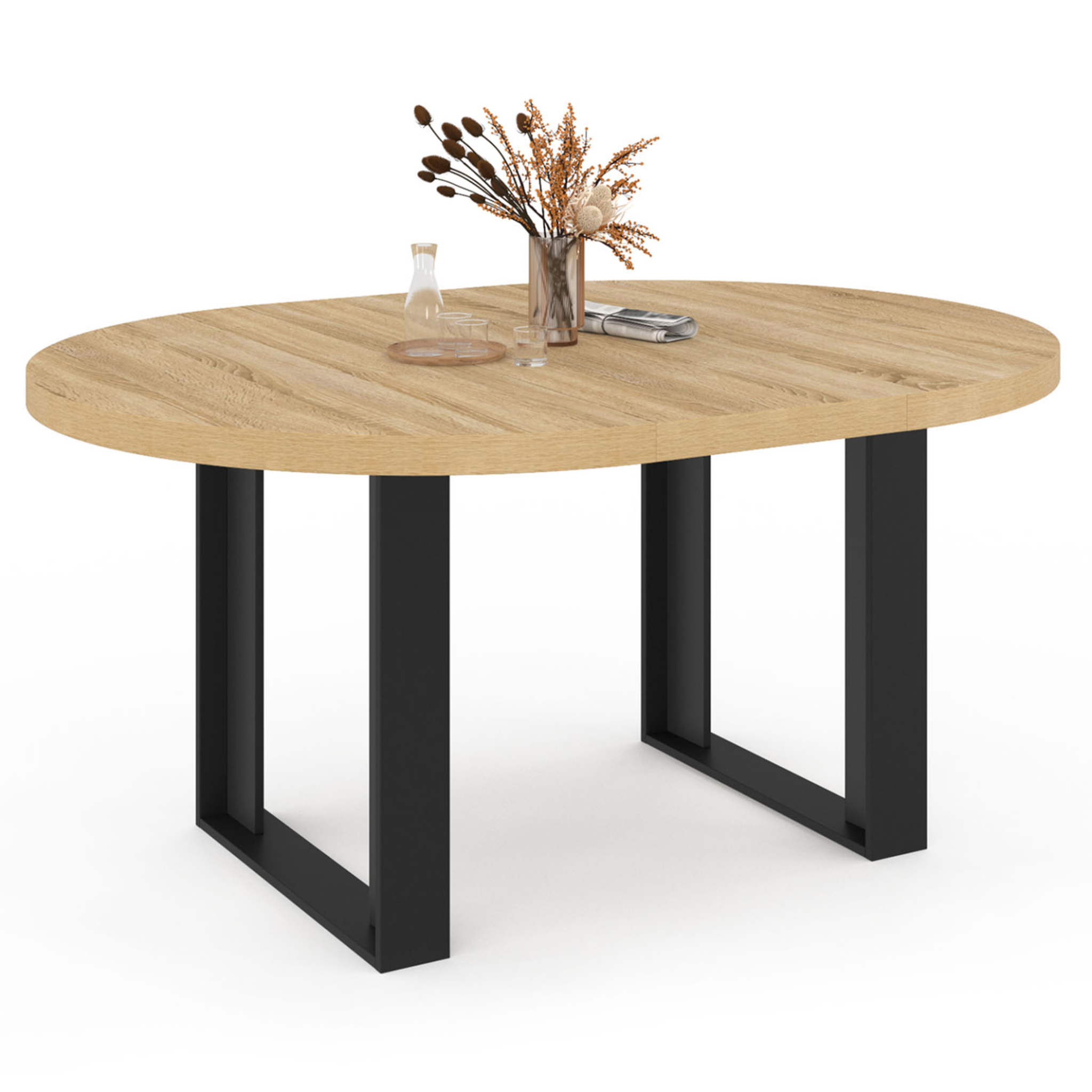 ID MARKET Table à manger extensible ronde phoenix 4-6 personnes bois et noir 110-150 cm