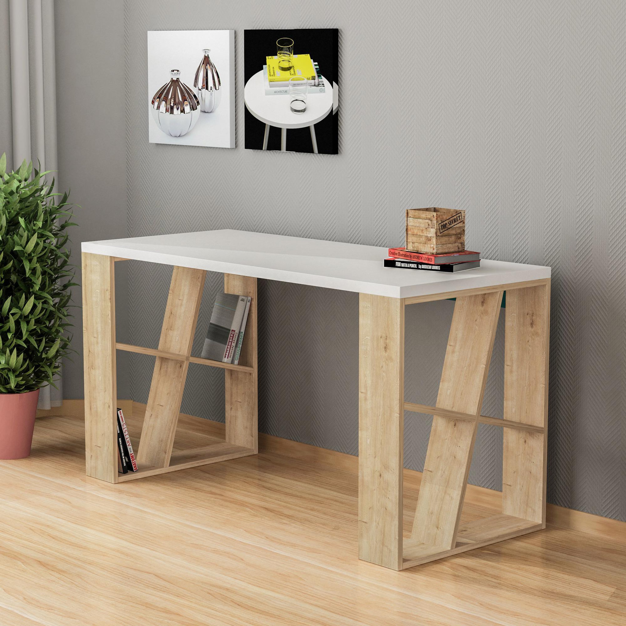 Voir la diapositive 2 : Habitat et Jardin Bureau en bois  honey  - 140 x 60 x 75 cm - chêne blanc