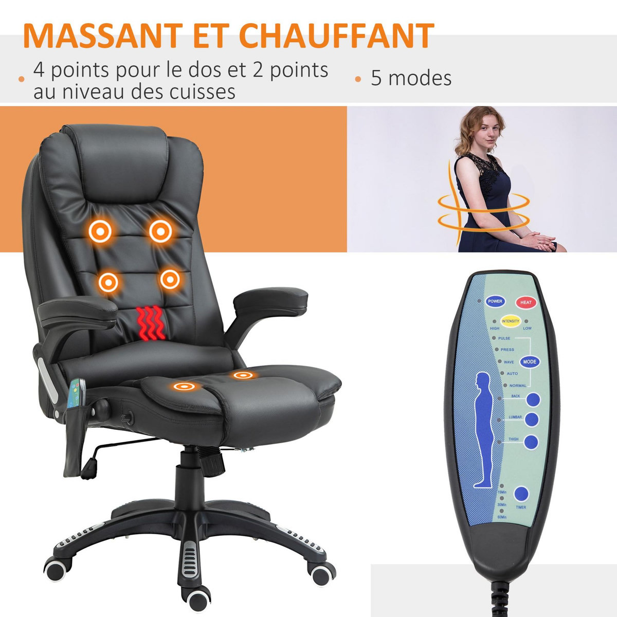 HOMCOM Fauteuil de bureau direction pivotant massant chauffant électrique revêtement synthétique noir