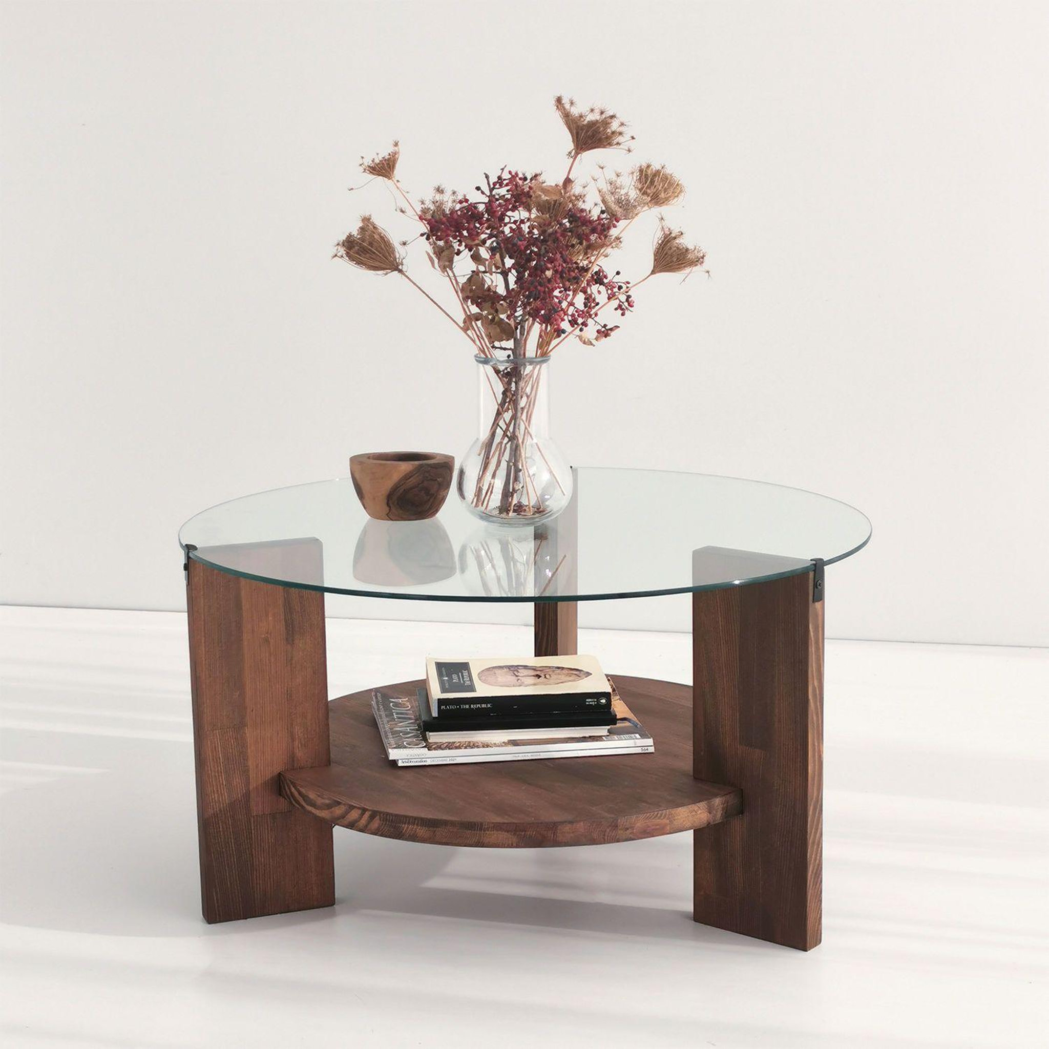Voir la diapositive 6 : TOILINUX Table basse ronde en verre et panneaux de particules - diam. 75cm h. 40cm - marron